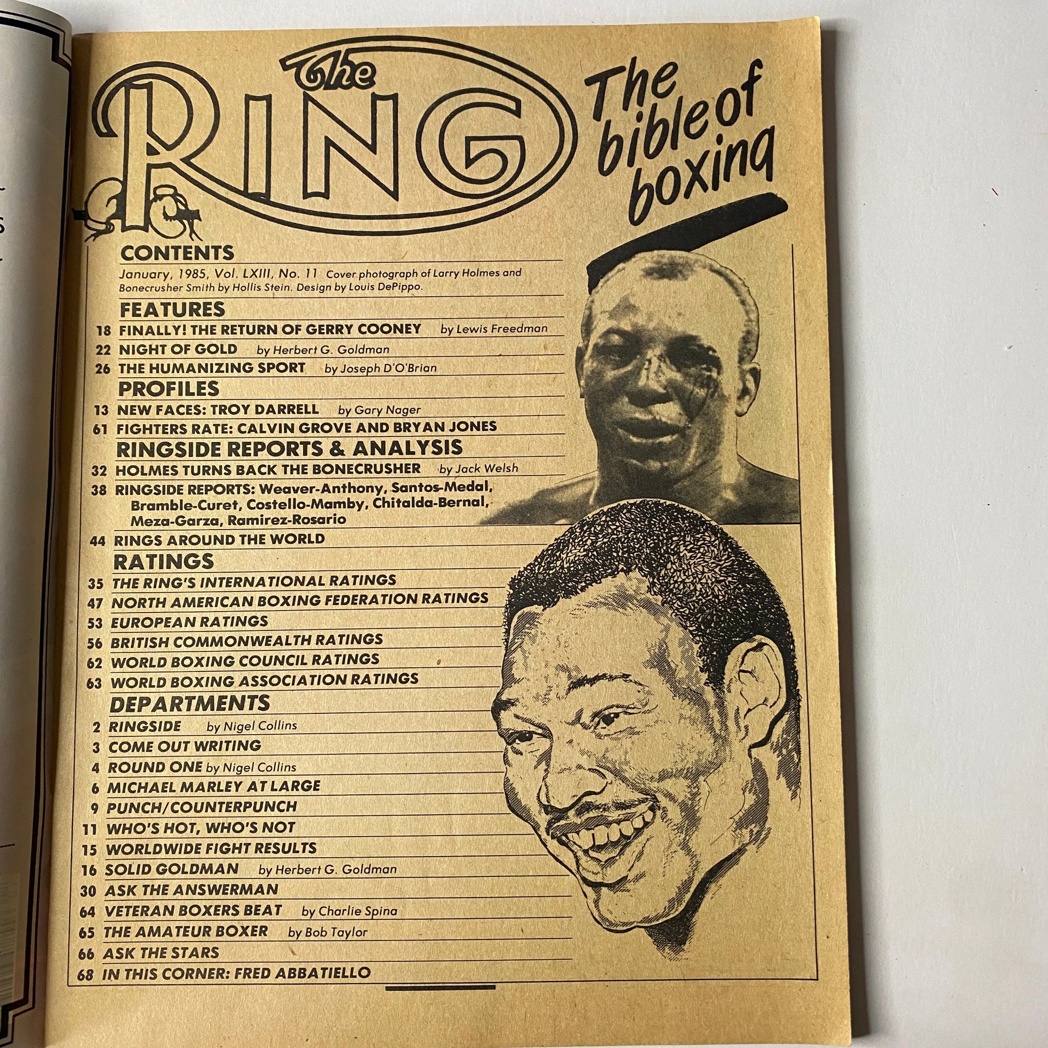 An interior page from The Ring Magazine January 1985 displaying the contents section, including articles on Gerry Cooney, Troy Darrell, and boxing ratings. This page highlights the magazine's focus on boxing analysis and profiles.