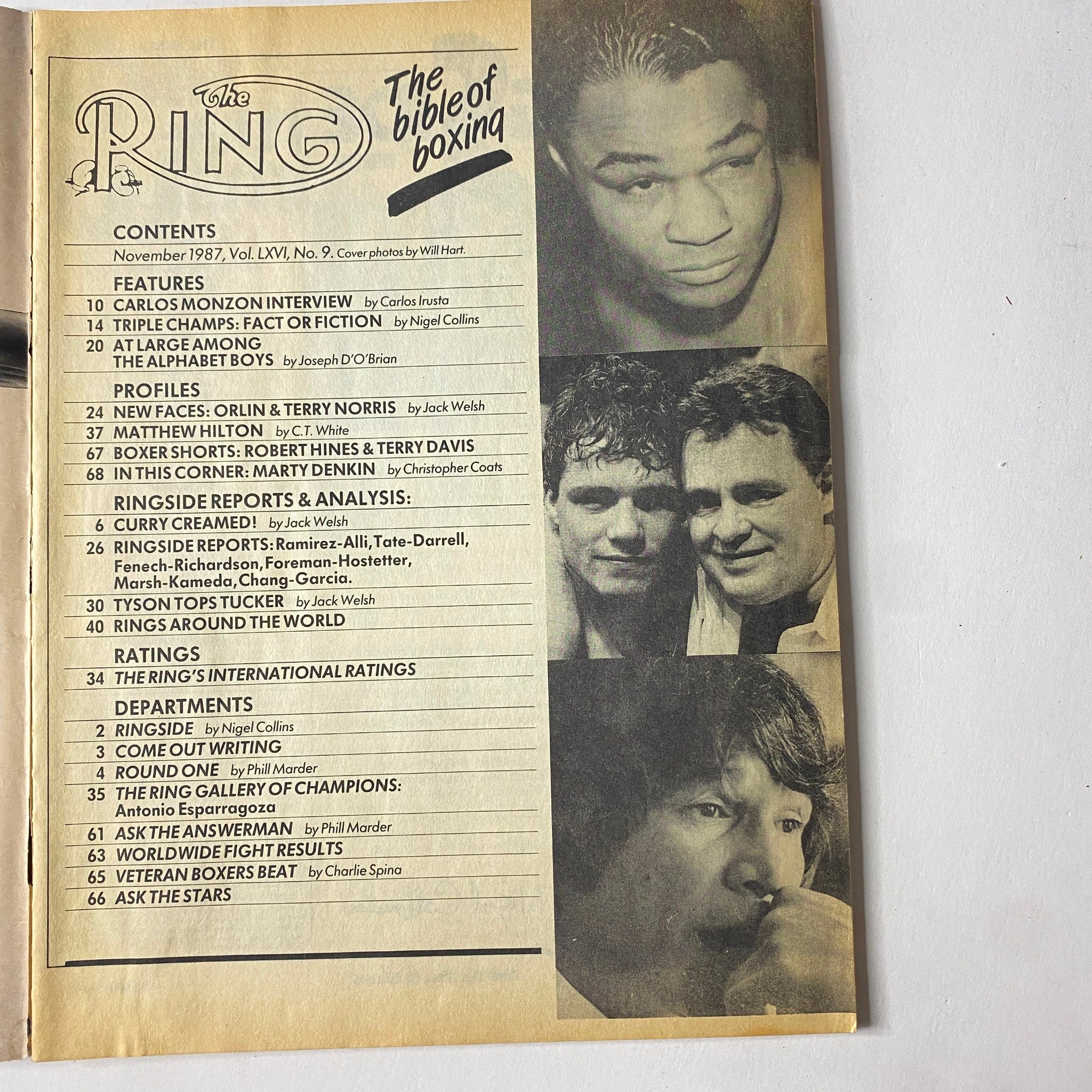 The inside page of The Ring Magazine November 1987 displaying the contents section, including features on Carlos Monzon, profile pieces on boxers, and analysis of recent fights. The page emphasizes the magazine's role as 'The Bible of Boxing'.