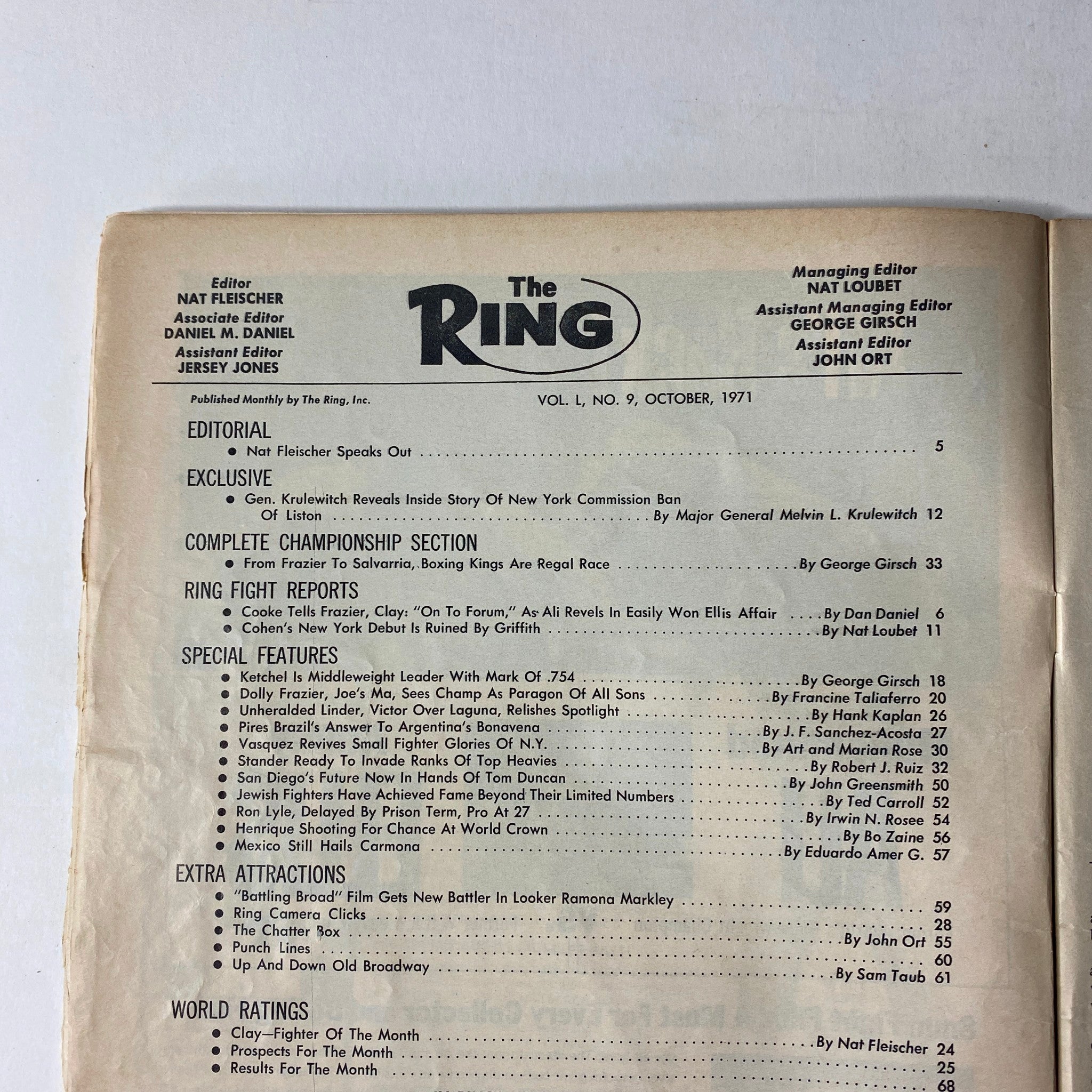 Table of contents from The Ring Magazine October 1971 featuring editorial and exclusive articles about boxing, spotlighting key reports and championship sections.