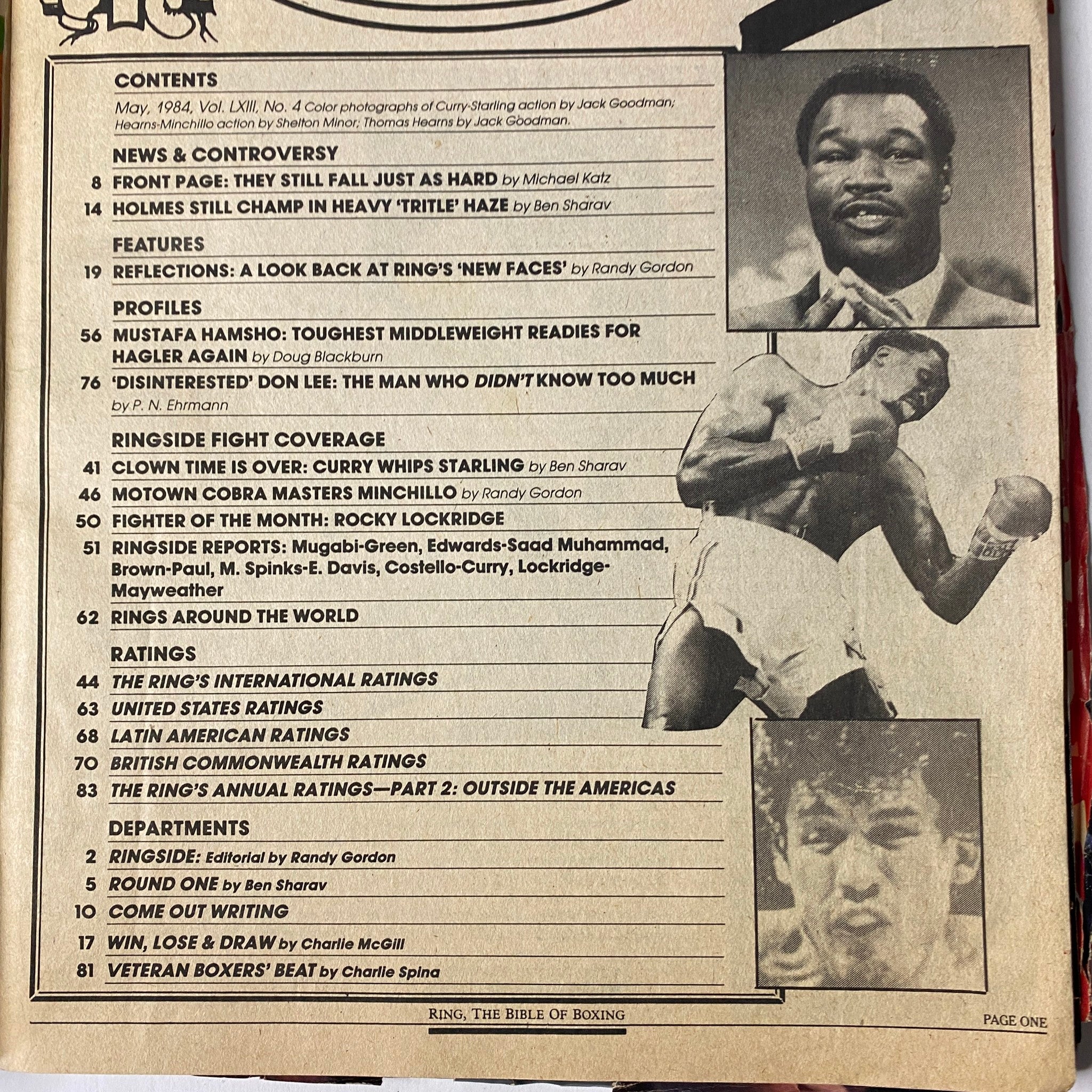 Inside page of The Ring Magazine May 1984 featuring contents, including articles about heavyweight boxing and prominent fighters like Larry Holmes.