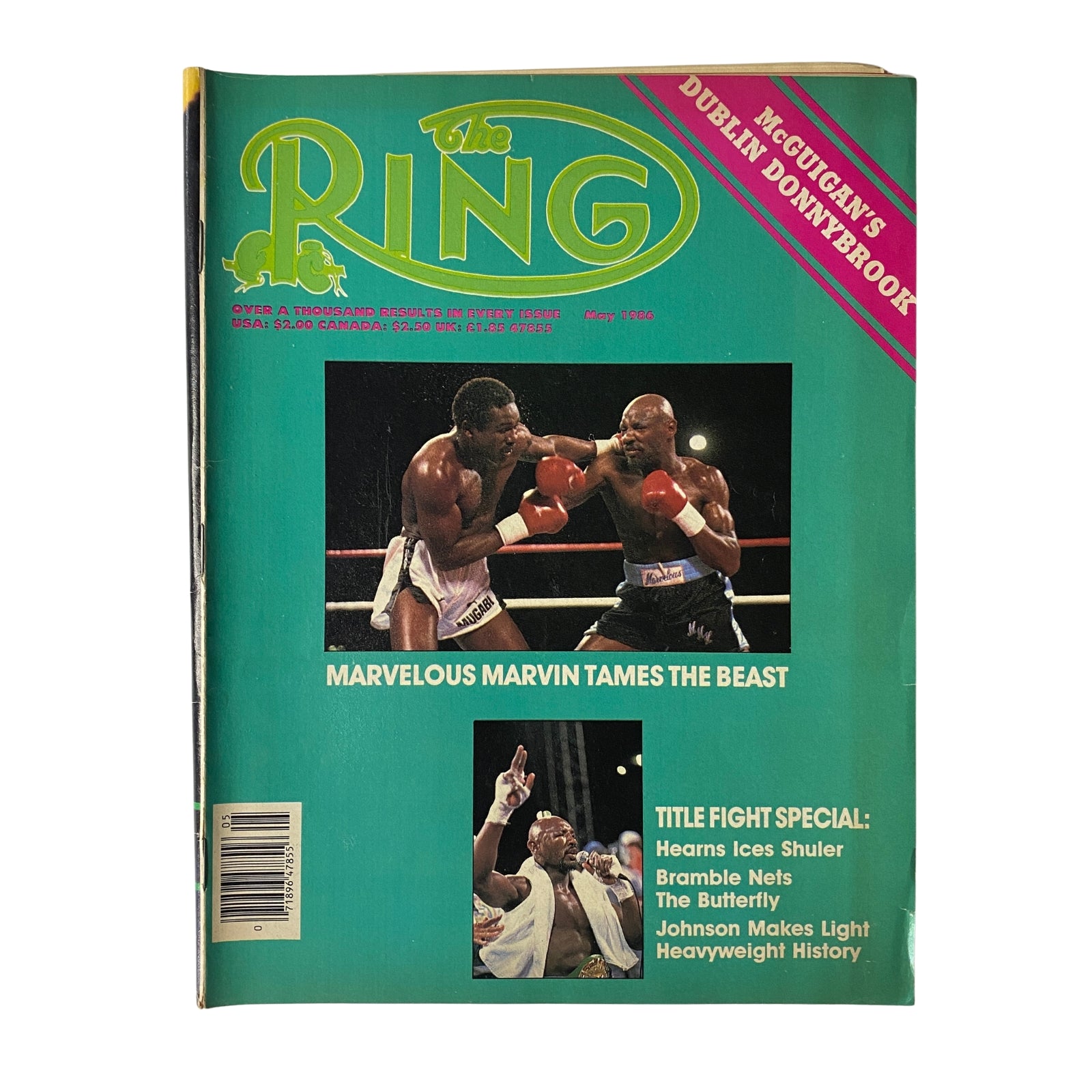 The Ring Magazine May 1986 cover featuring Marvelous Marvin Hagler against John Mugabi with the tagline 'Marvelous Marvin Tames The Beast'. This issue highlights a key boxing match, presenting a vivid snapshot of mid-80s boxing history.