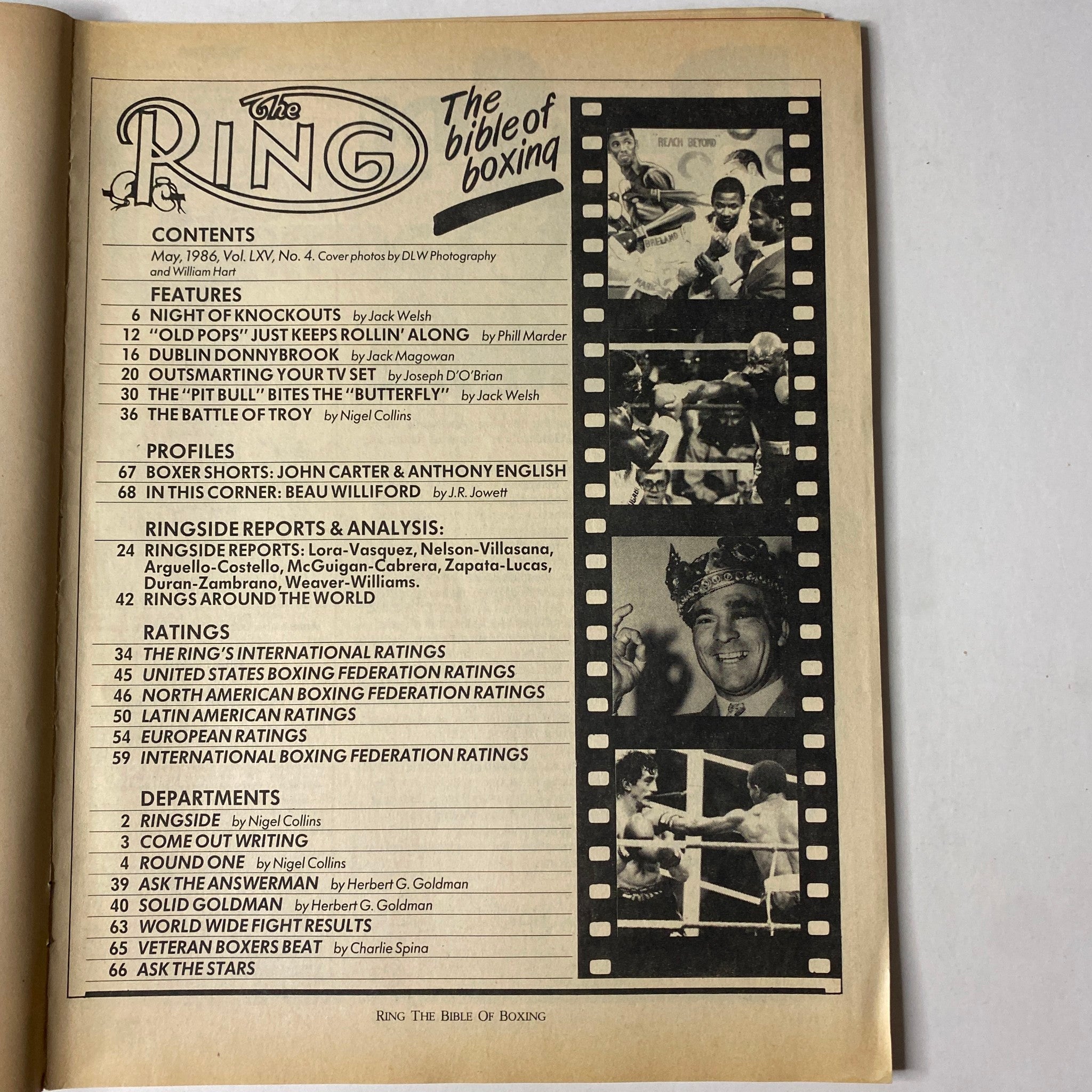 The Ring Magazine May 1986 interior page showing the contents list, featuring articles including 'Night of Knockouts' and 'Ringside Reports'. This page serves as an overview of the magazine dedicated to boxing.