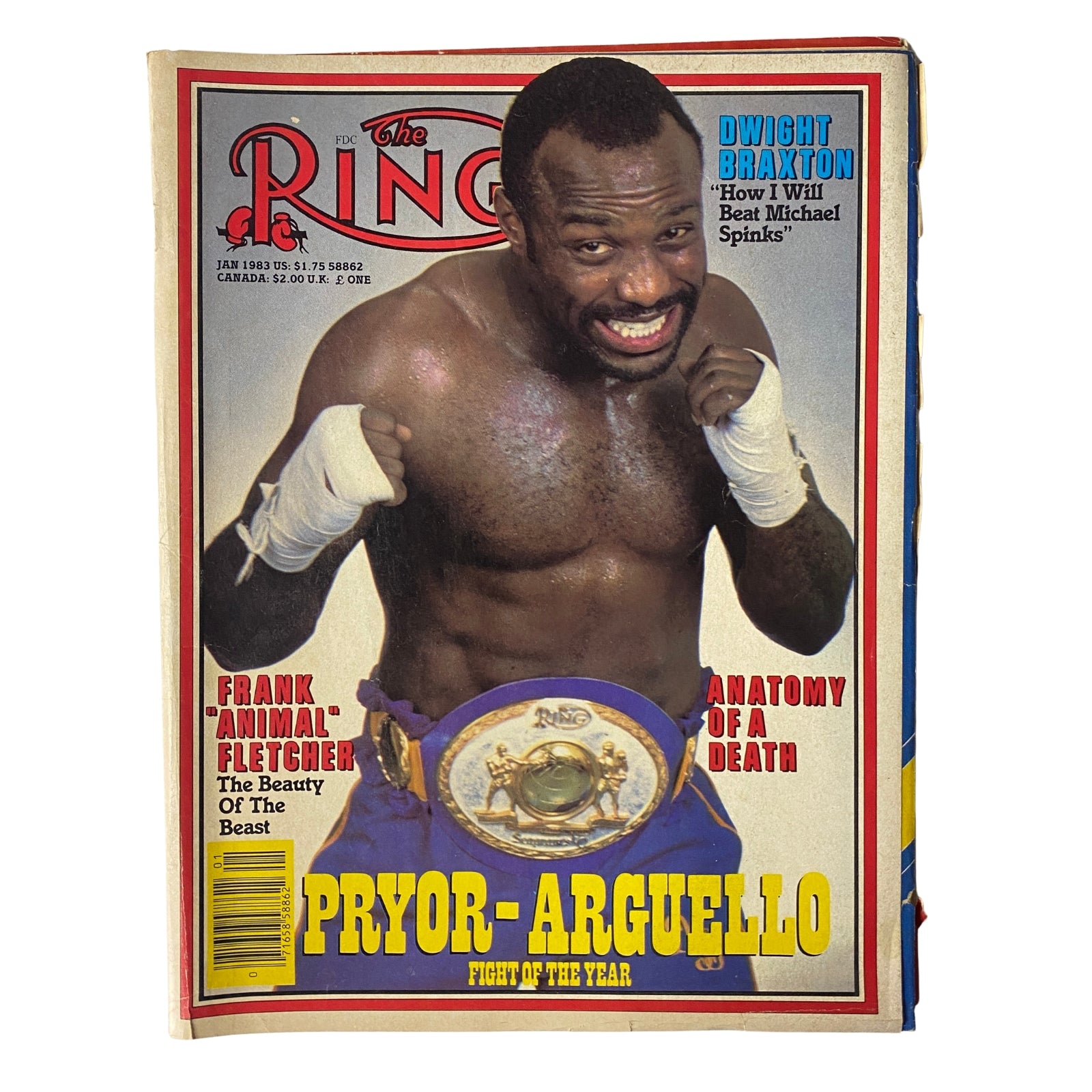 The Ring Magazine January 1983 featuring Dwight Braxton on the cover, showcasing his boxing skills with a Championship belt. Highlights include articles on Pryor-Arguello and 'Anatomy of a Death', encapsulating the excitement of boxing's early 80s era.