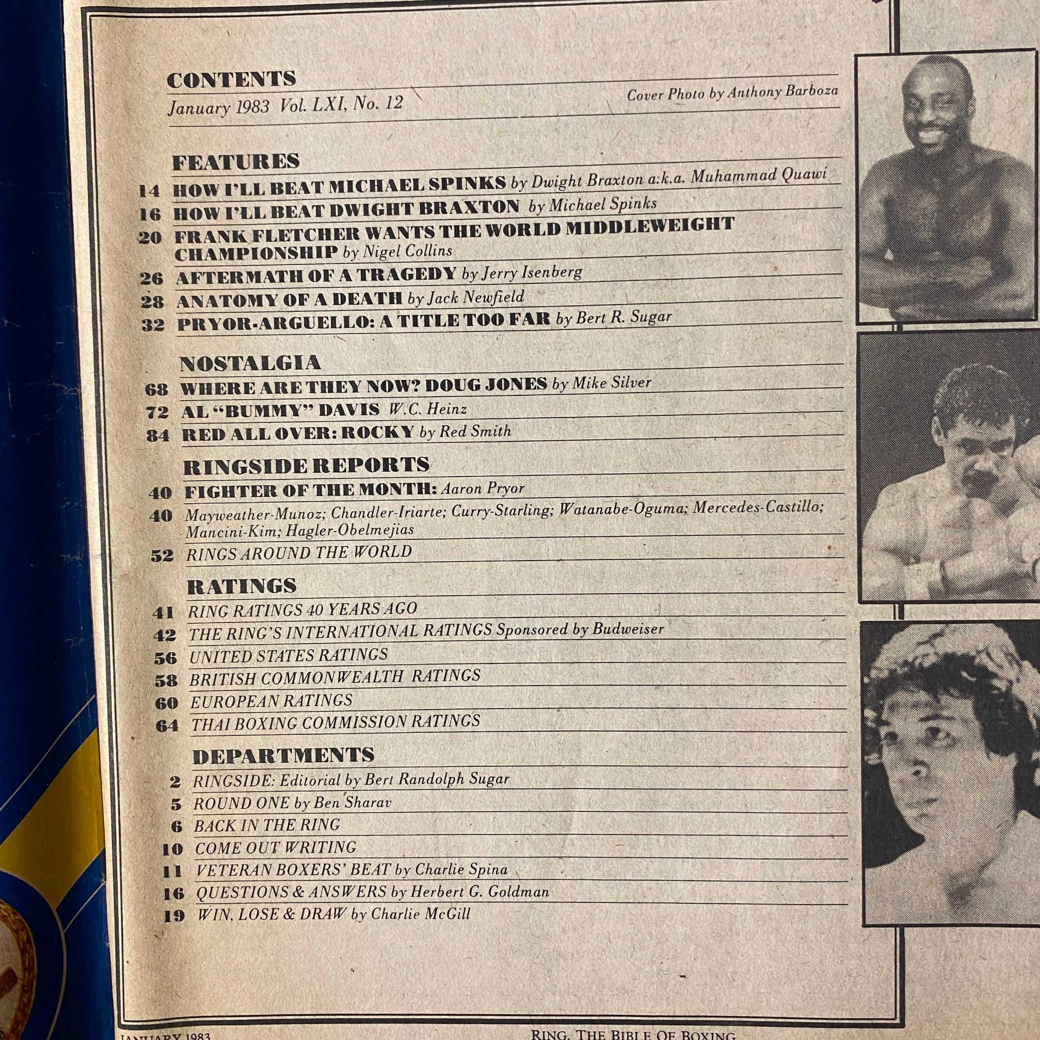 The Ring Magazine January 1983 Dwight Braxton Cover showcasing the contents page including features on boxing legends such as Michael Spinks and Aaron Pryor. Perfect for boxing enthusiasts.
