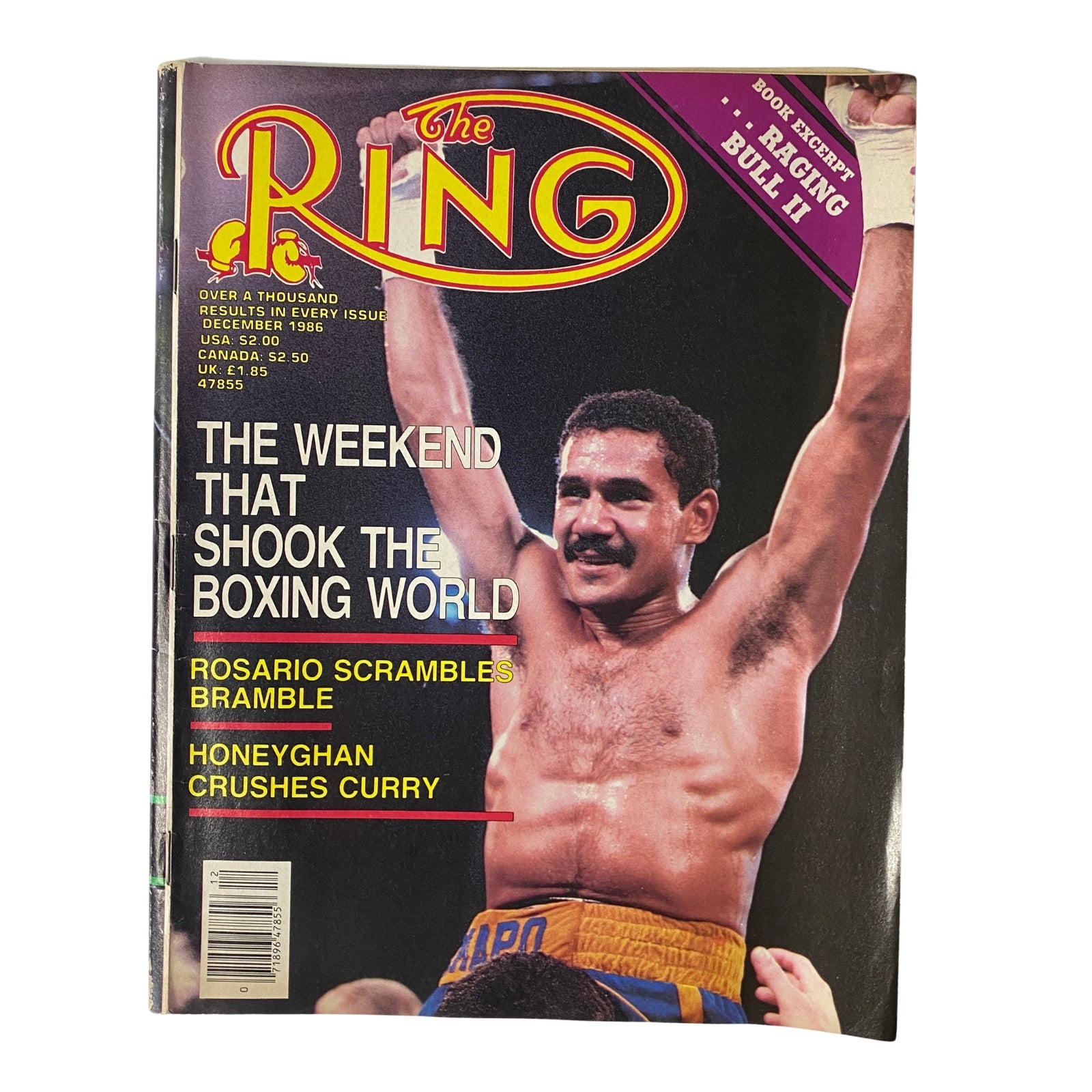 The Ring Magazine December 1986 featuring Edwin Rosario on the cover, showcasing a pivotal moment in boxing history with bold text highlighting key fights and headlines.