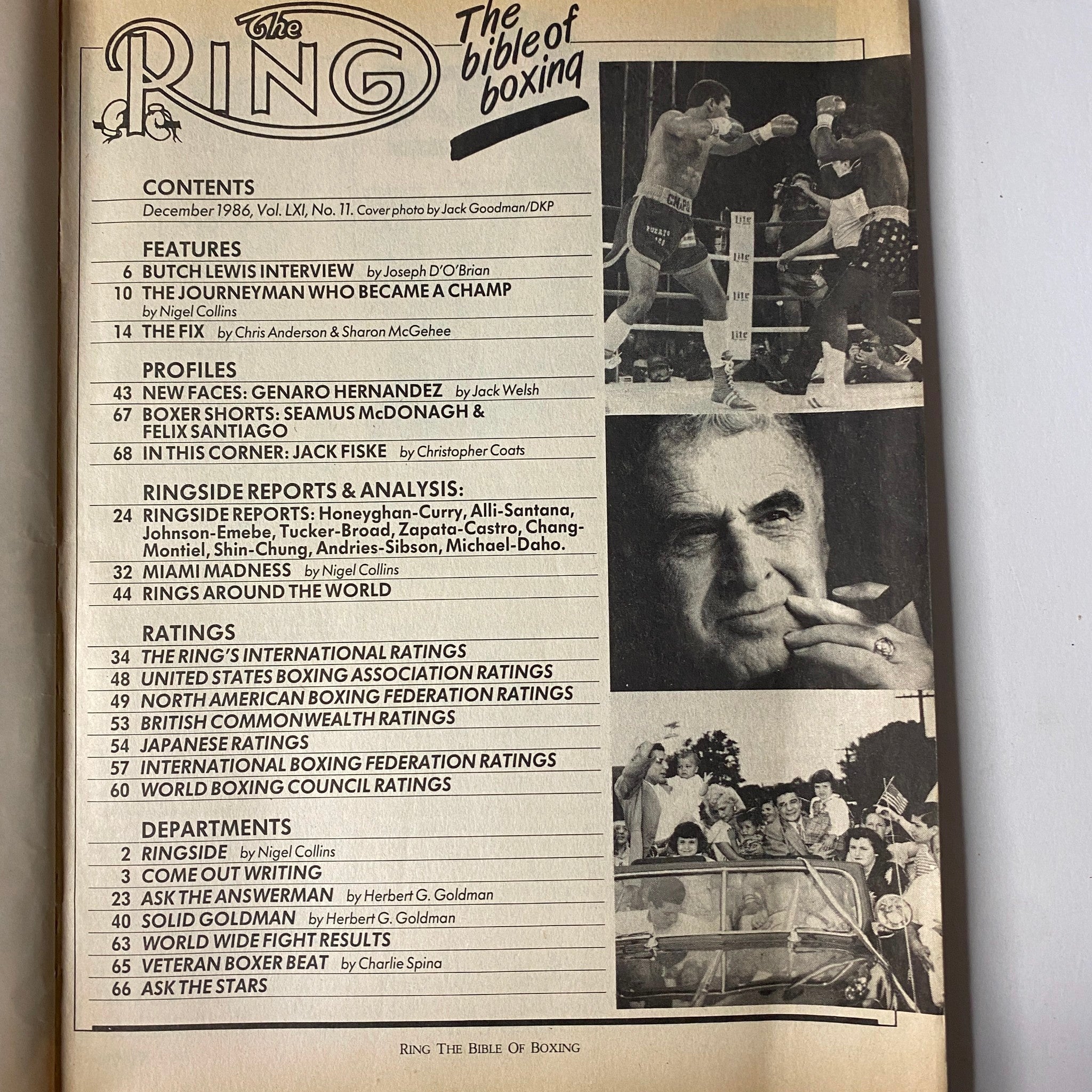 The contents page of The Ring Magazine December 1986, detailing articles and features including Butch Lewis Interview and profiles of emerging boxers like Genaro Hernandez.