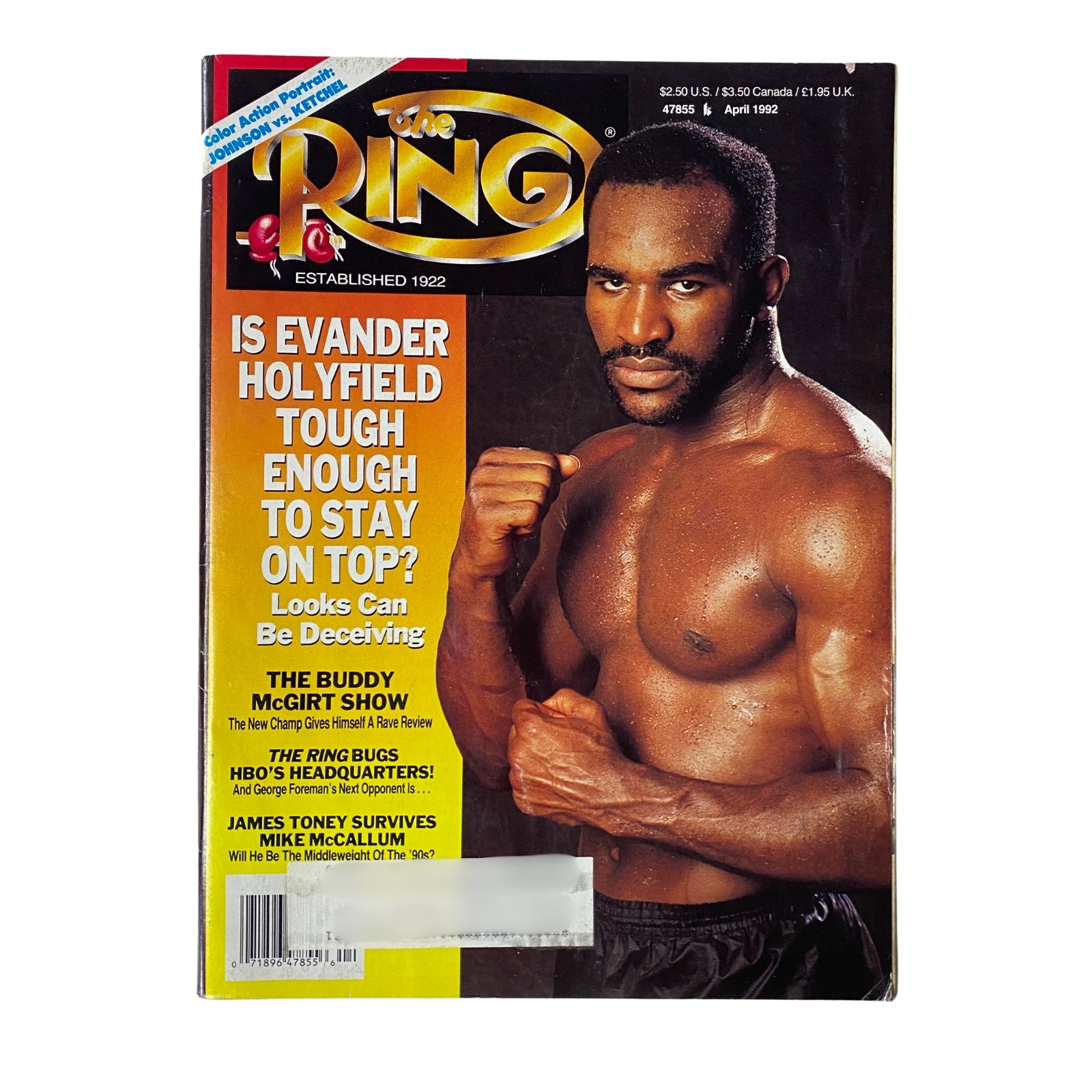 The Ring Magazine April 1992 Evander Holyfield Cover featuring a muscular Evander Holyfield posing confidently, highlighting the headline questioning his ability to stay atop the heavyweight division.