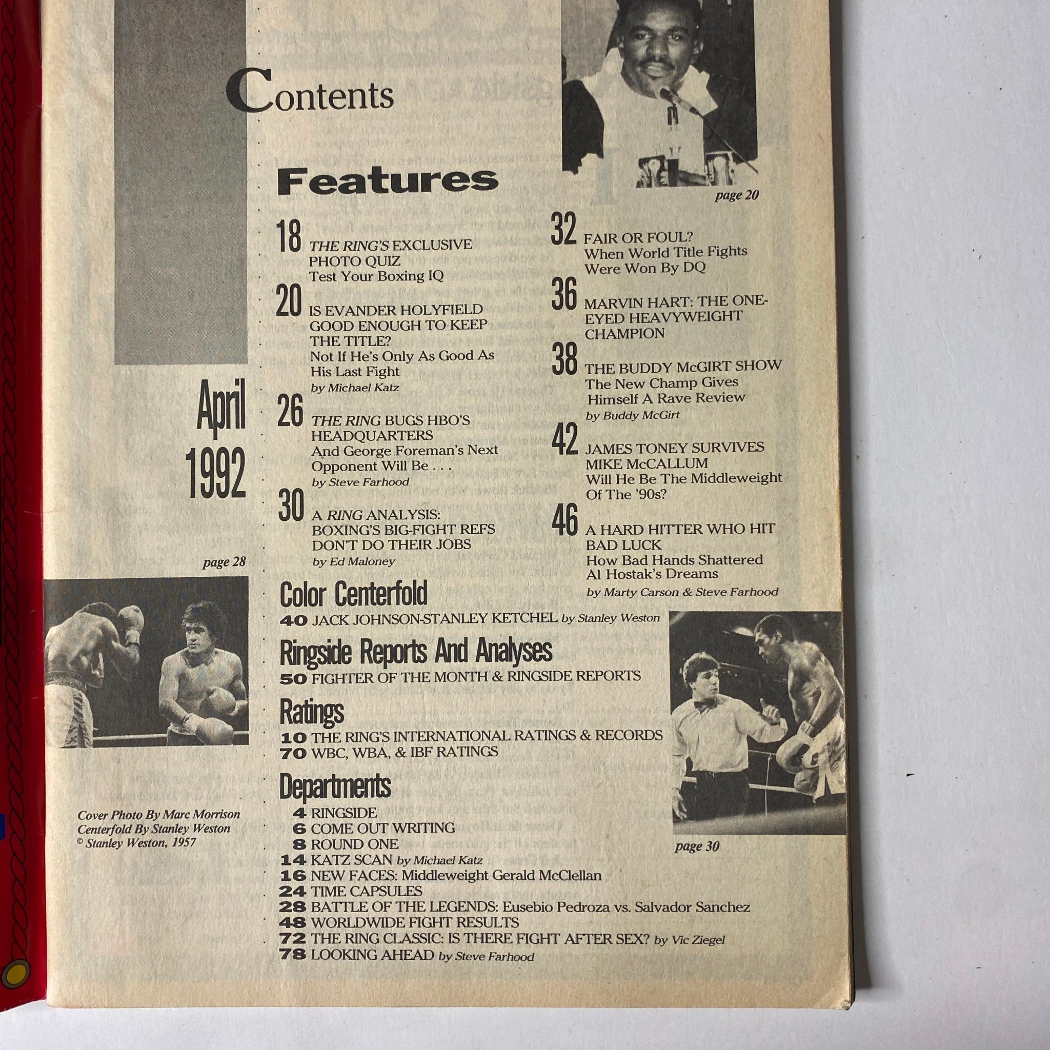 Contents page of The Ring Magazine, April 1992, featuring articles on Evander Holyfield, Jack Johnson, Stanley Ketchel, and James Toney, with highlights from boxing history and the report on heavyweight championship fights.