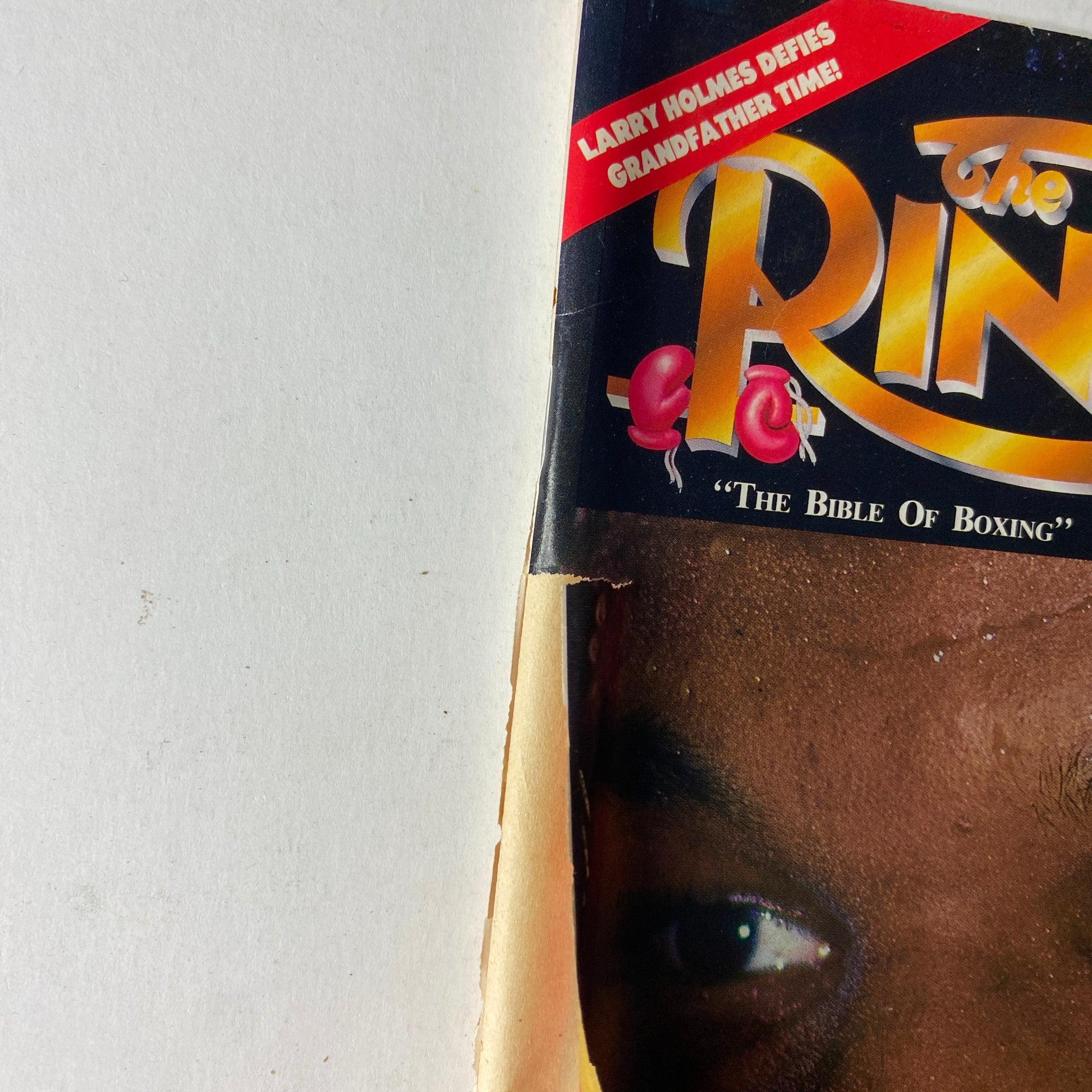 Close-up view of The Ring Magazine June 1992 title section, highlighting the iconic logo and the description 'The Bible of Boxing', showcasing Mike Tyson's impact.