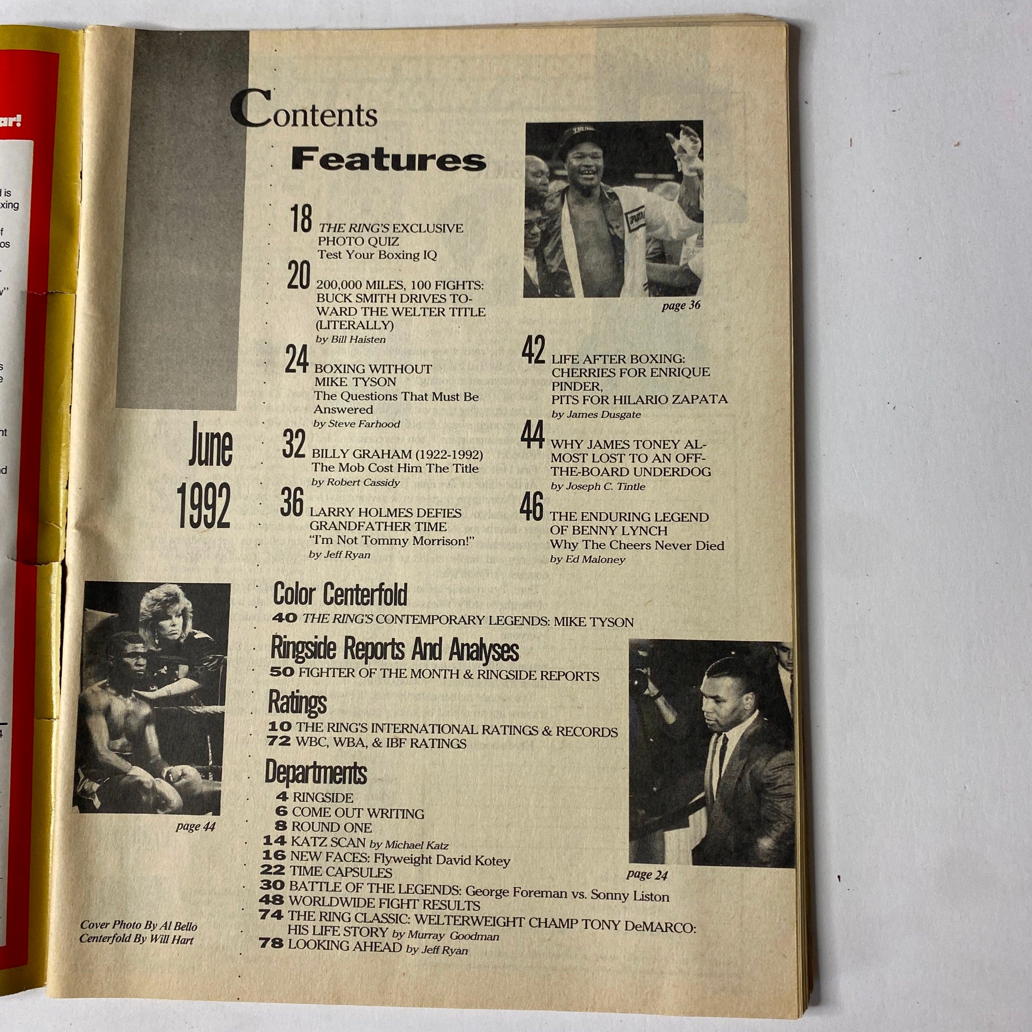 Contents page from The Ring Magazine June 1992, listing features such as Mike Tyson's impact on boxing, notable articles, and centerfold details.