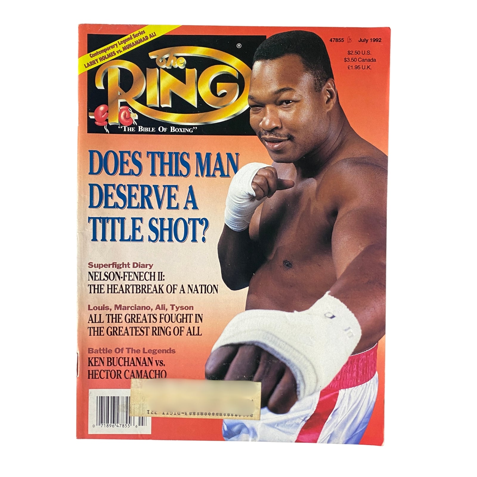 The Ring Magazine July 1992 featuring Larry Holmes on the cover, highlighting his boxing career with a focus on Nelson-Fenech II and legendary matchups. Suitable for collectors and boxing enthusiasts.