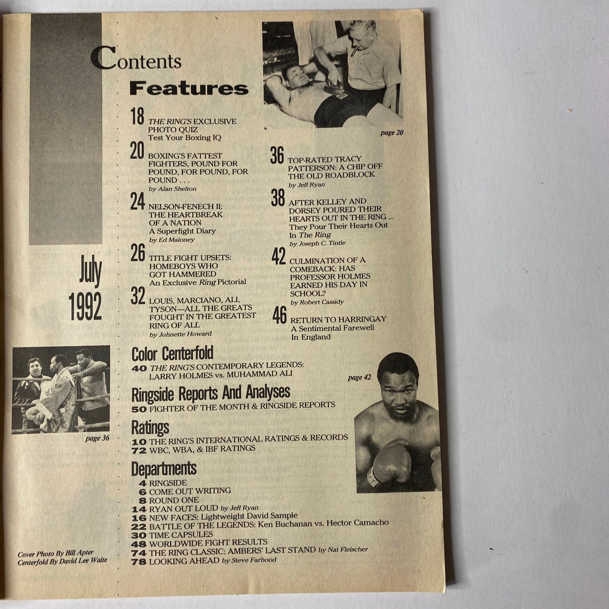 Contents page of The Ring Magazine July 1992 featuring Larry Holmes on the cover; includes notable features such as 'Nelson-Fenech II: The Heartbreak of a Nation' and 'Title Fight Upsets.'