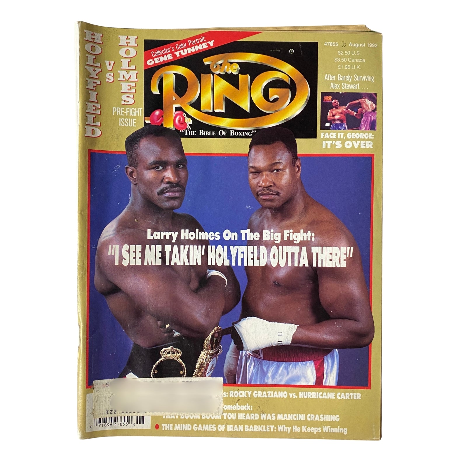 The Ring Magazine August 1992 cover featuring Larry Holmes vs Evander Holyfield, including the quote 'I SEE ME TAKIN’ HOLYFIELD OUTTA THERE' and a classic portrait of Gene Tunney.
