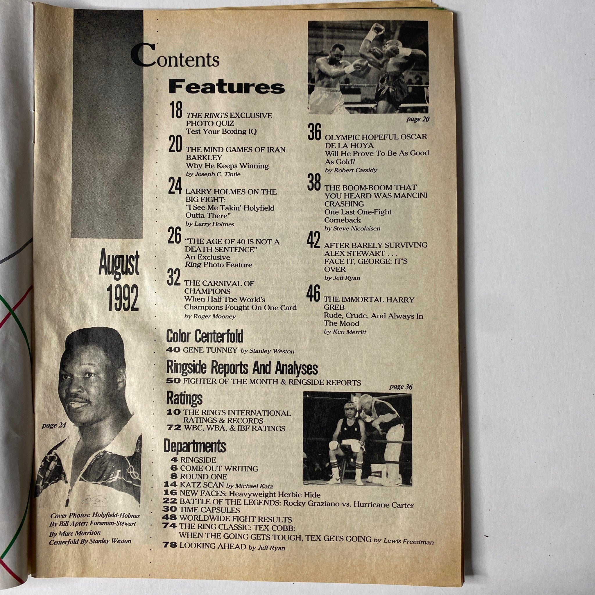 Contents page of The Ring Magazine August 1992 showcasing features, ratings, and reports, including articles on Olympic hopeful Oscar De La Hoya and the mind games of Iran Barkley.