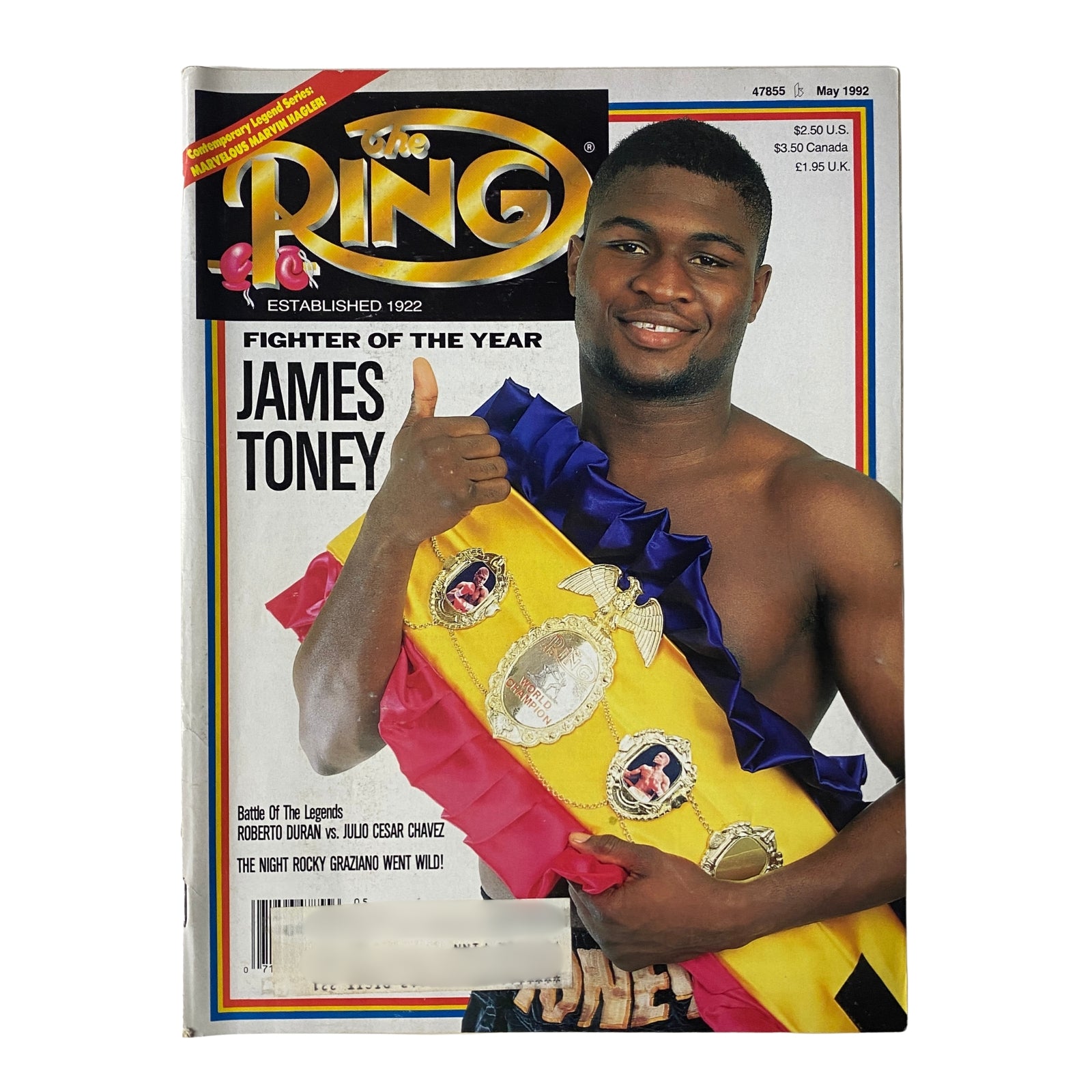 Cover of The Ring Magazine May 1992 featuring James Toney, the Fighter of the Year, showcasing his championship belt against a colorful background.