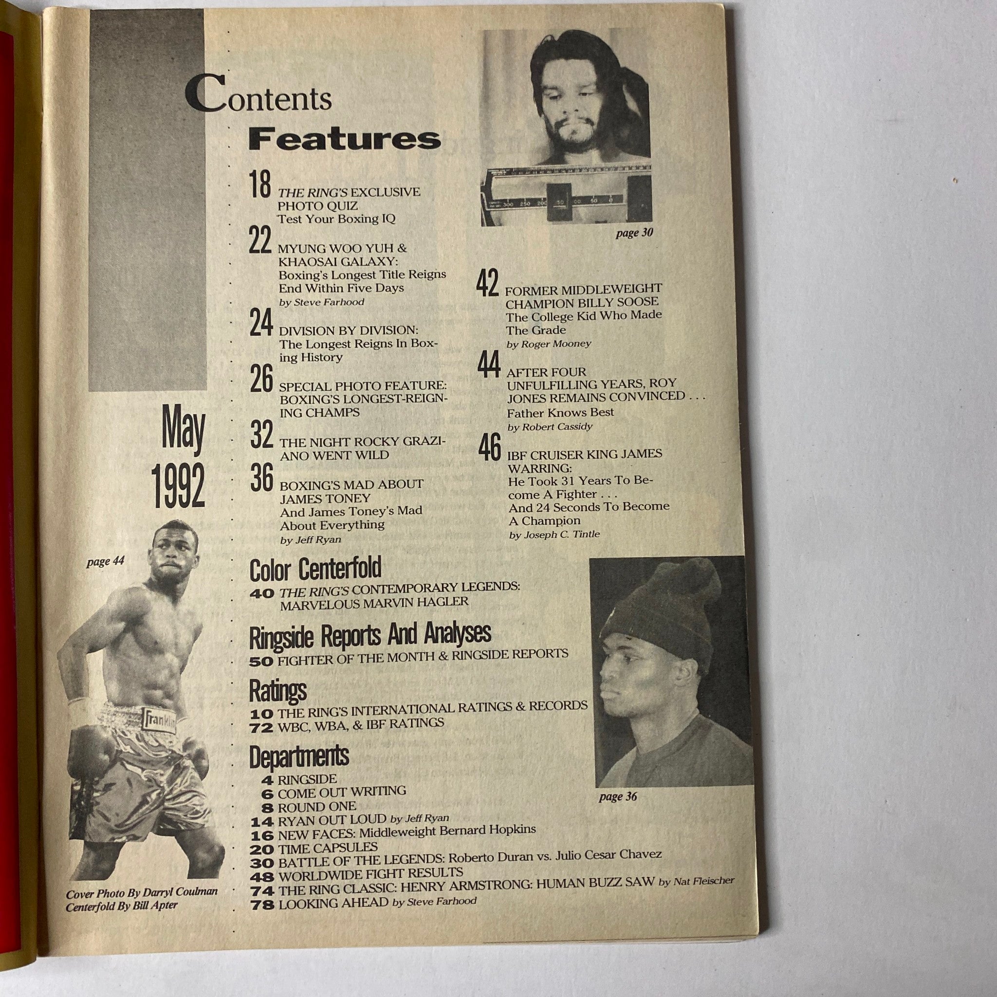Contents page of The Ring Magazine May 1992, outlining features and articles including profiles on James Toney and battles in boxing history.