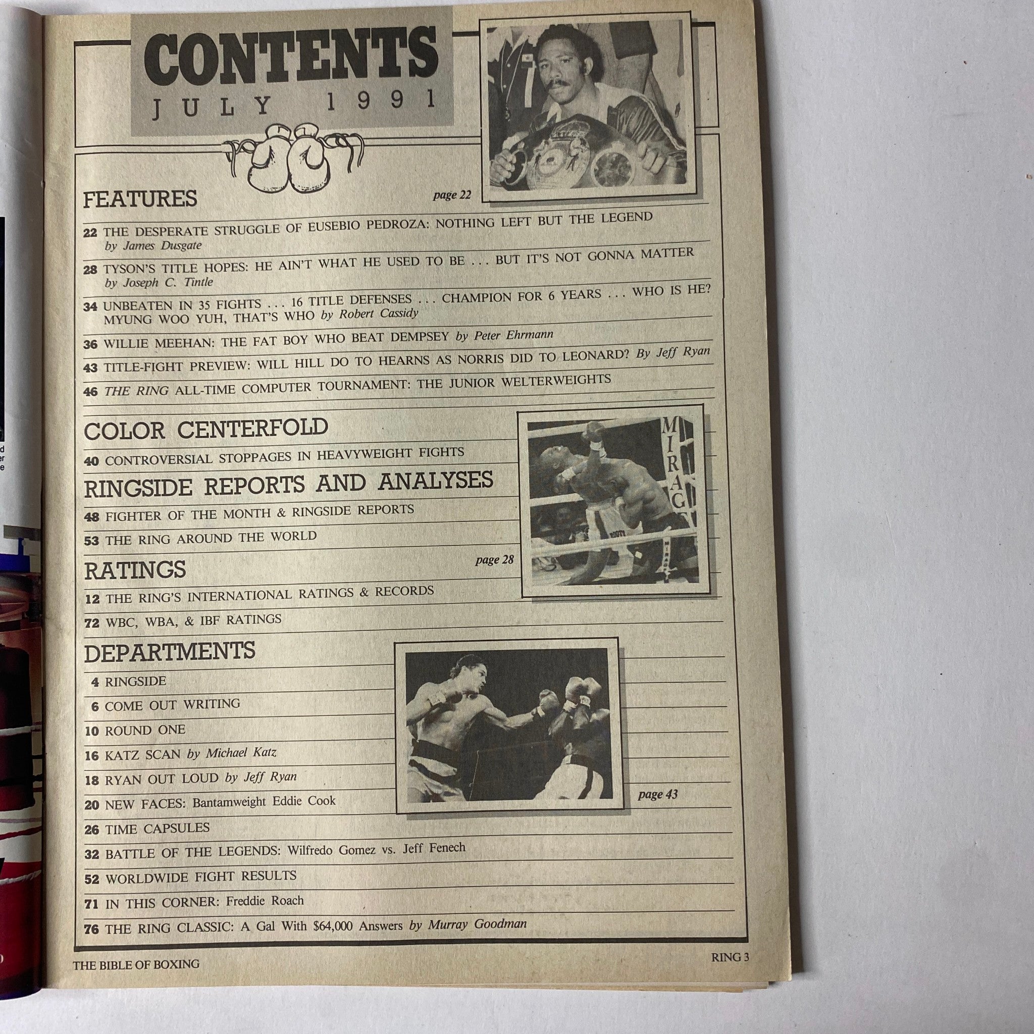 Contents page of The Ring Magazine July 1991, detailing the features and articles including Tyson vs Ruddock, Eusebio Pedroza, fighter rankings, and more.