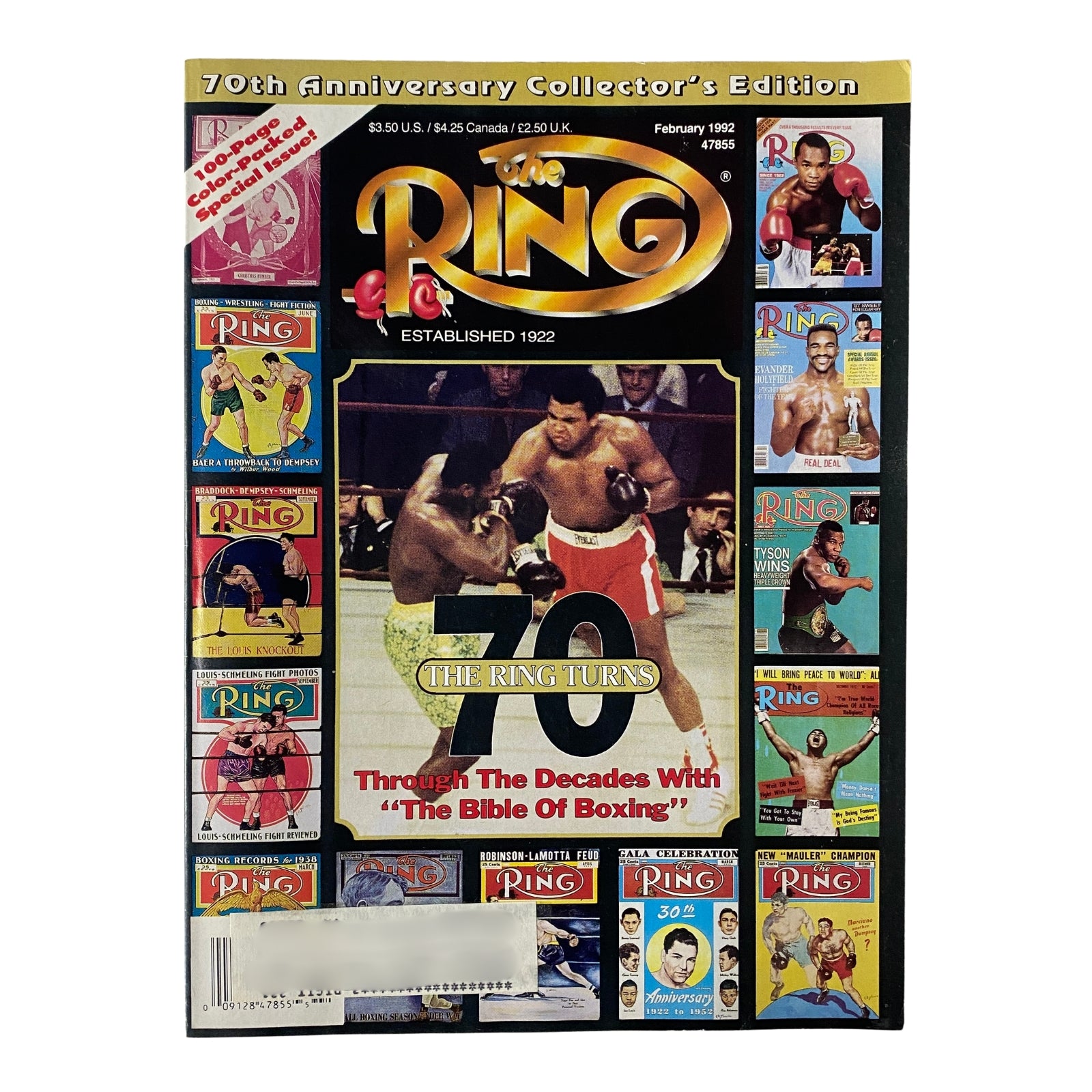 The Ring Magazine February 1992 Muhammad Ali Cover, celebrating the 70th Anniversary of The Ring with a vibrant display of boxing legends, capturing significant moments in the sport's history.