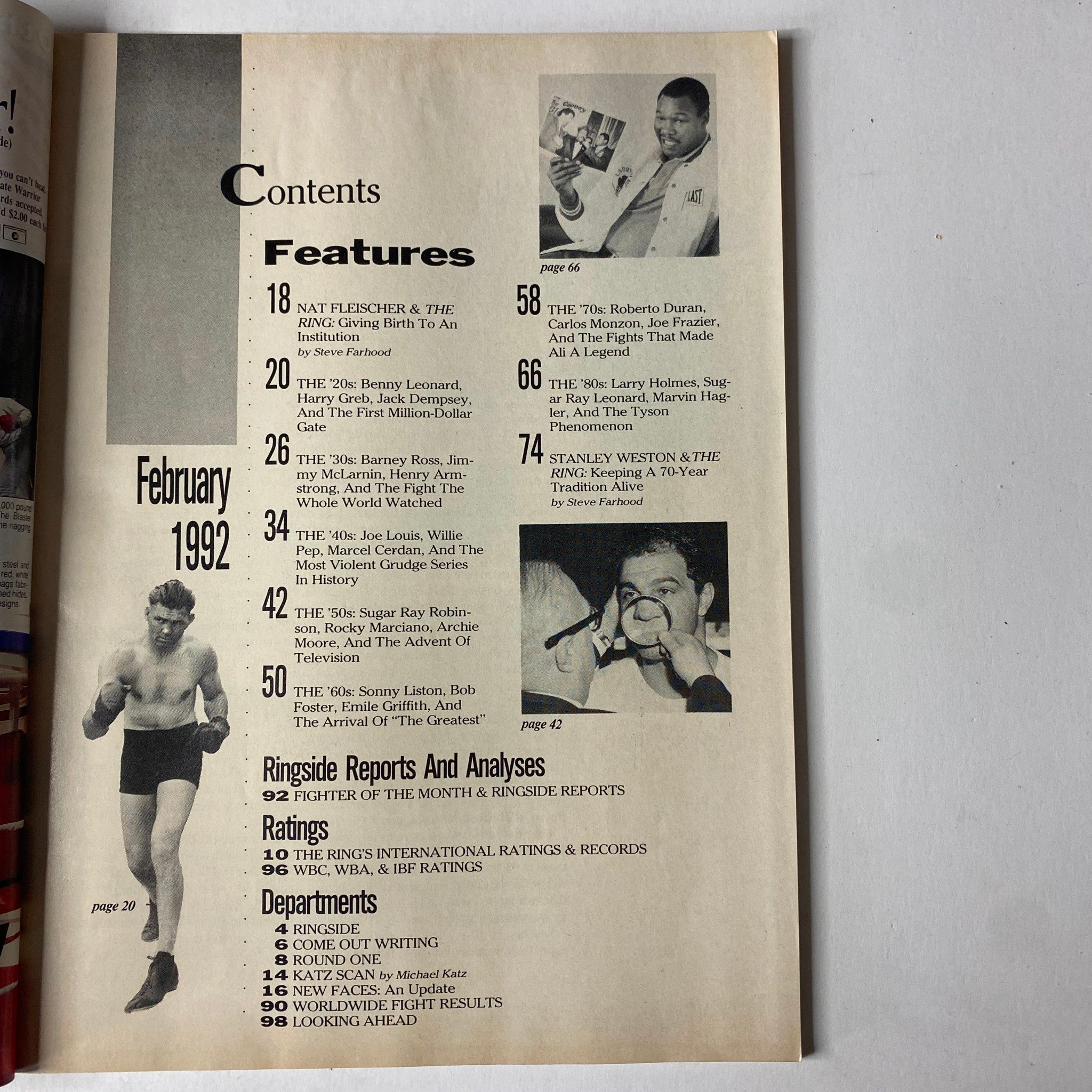 Contents page of The Ring Magazine February 1992 featuring article highlights including Nat Fleischer, boxing legends, and important fight analyses, part of the special collectors edition.