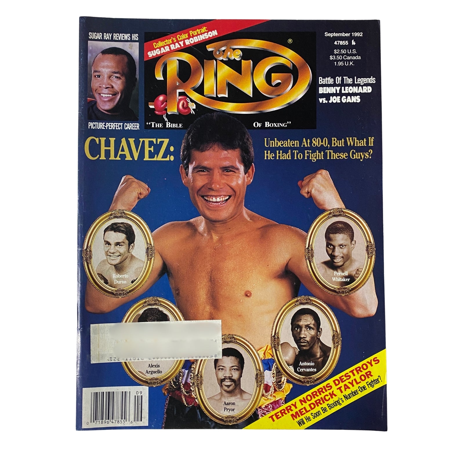 Cover of The Ring Magazine September 1992 featuring Julio César Chávez, showcasing his undefeated record of 80-0, with highlights of boxing legends and analysis articles.