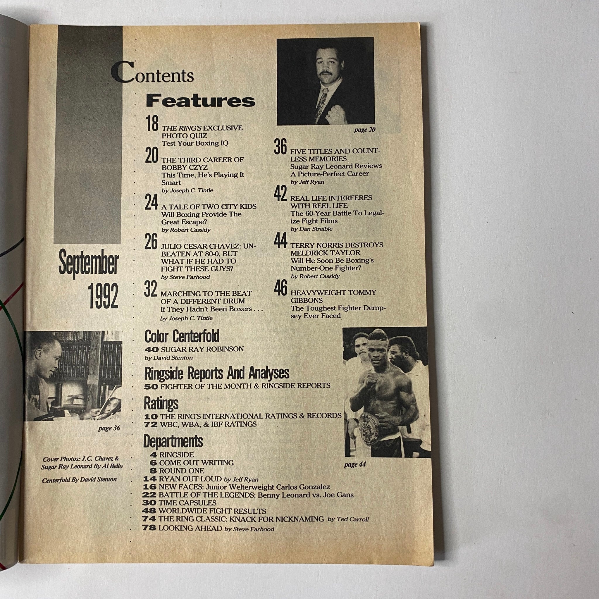 Contents page of The Ring Magazine September 1992, listing features and articles including discussions on Julio César Chávez and other boxing greats.