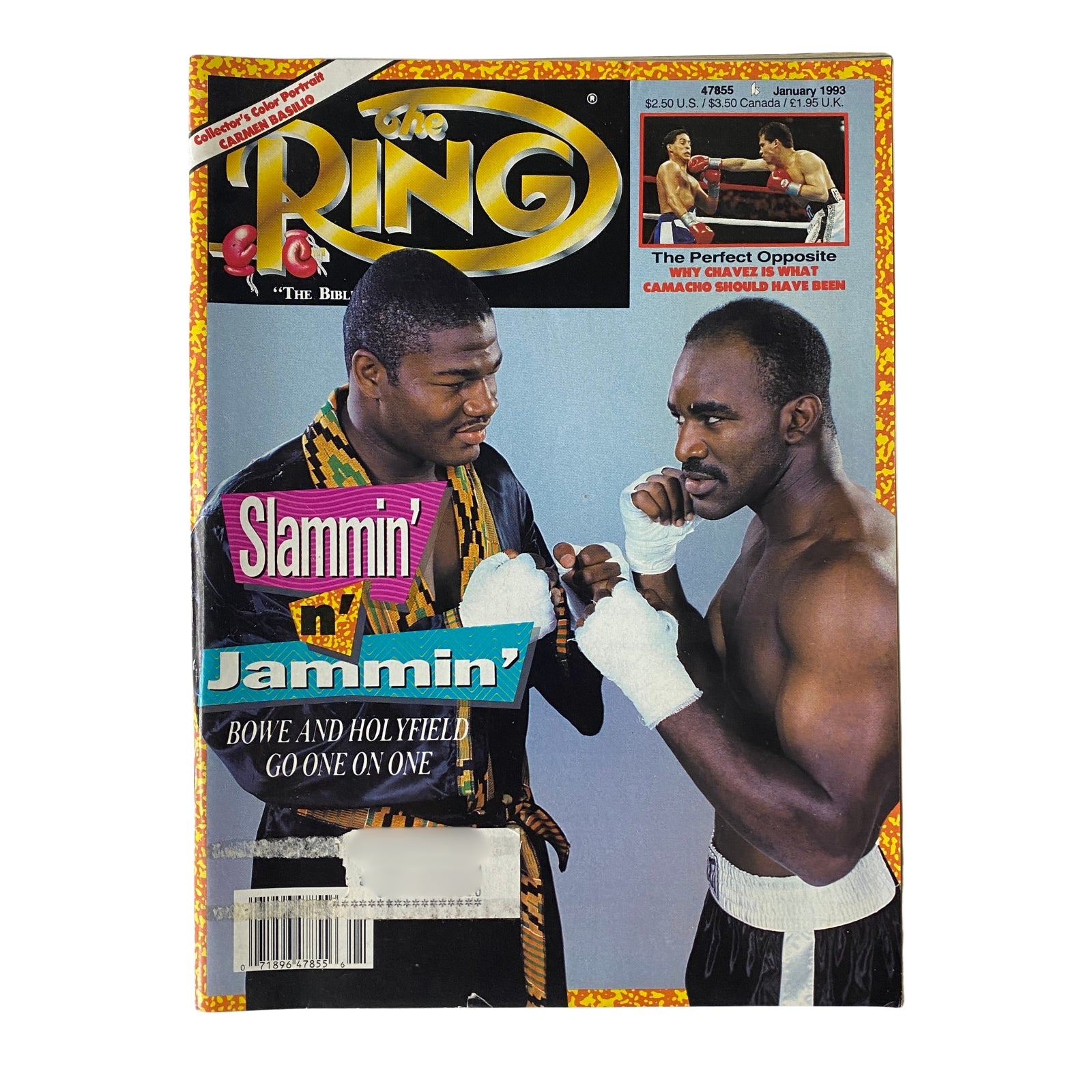 The Ring Magazine January 1993 cover featuring Evander Holyfield and Riddick Bowe with the title 'Slammin' & Jammin': Bowe and Holyfield Go One on One' in very good condition.