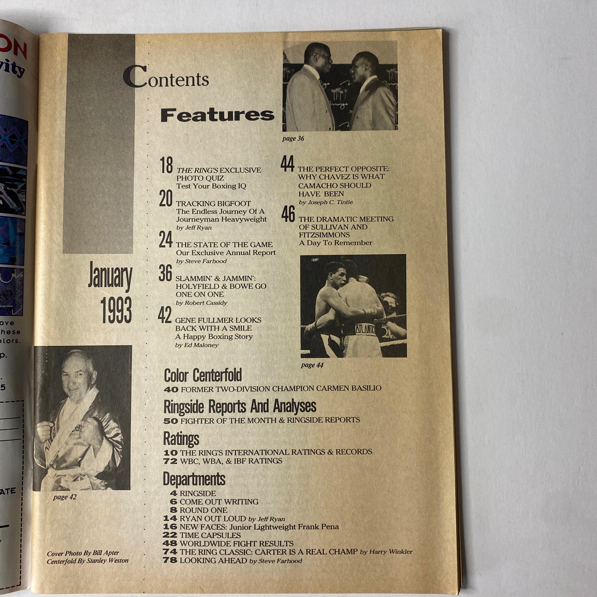 Inside page of The Ring Magazine January 1993 showing the table of contents, highlighting features like 'Slammin' & Jammin': Bowe and Holyfield Go One on One', and 'The Perfect Opposite'.