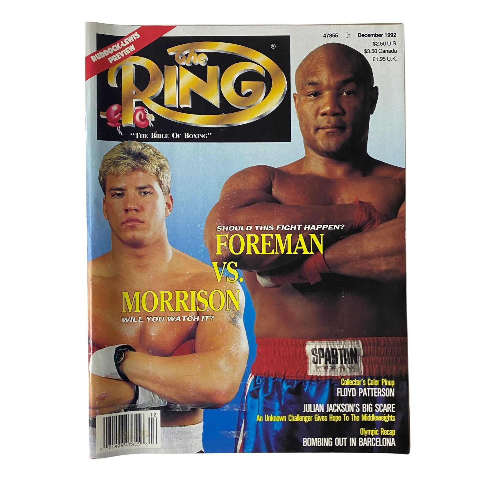 The Ring Magazine cover from December 1992 featuring George Foreman and Tommy Morrison, highlighting their upcoming fight. Very Good condition with a ripped address label.