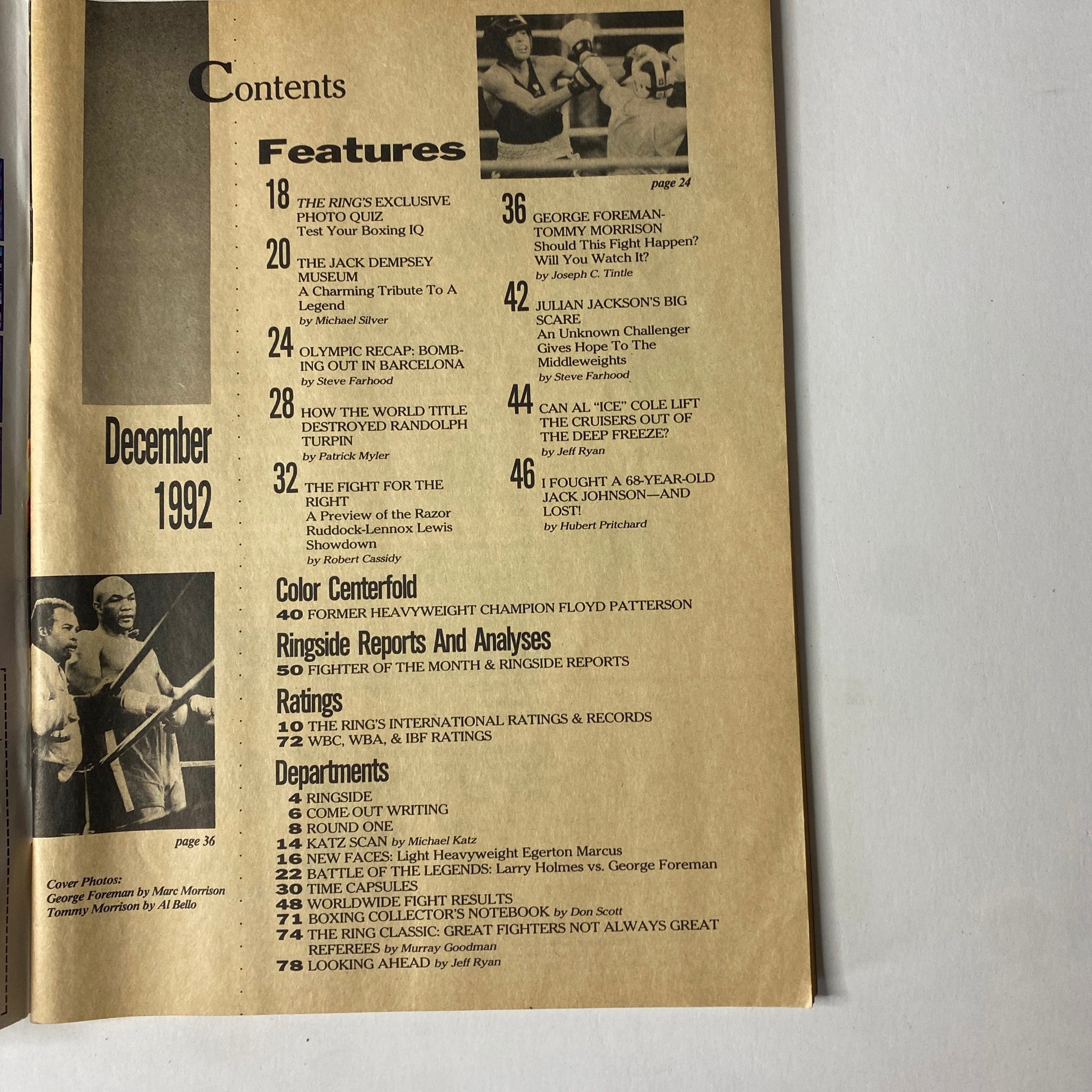 Interior page of The Ring Magazine December 1992, displaying the contents section including features on George Foreman, Tommy Morrison, and Olympic boxing recap.