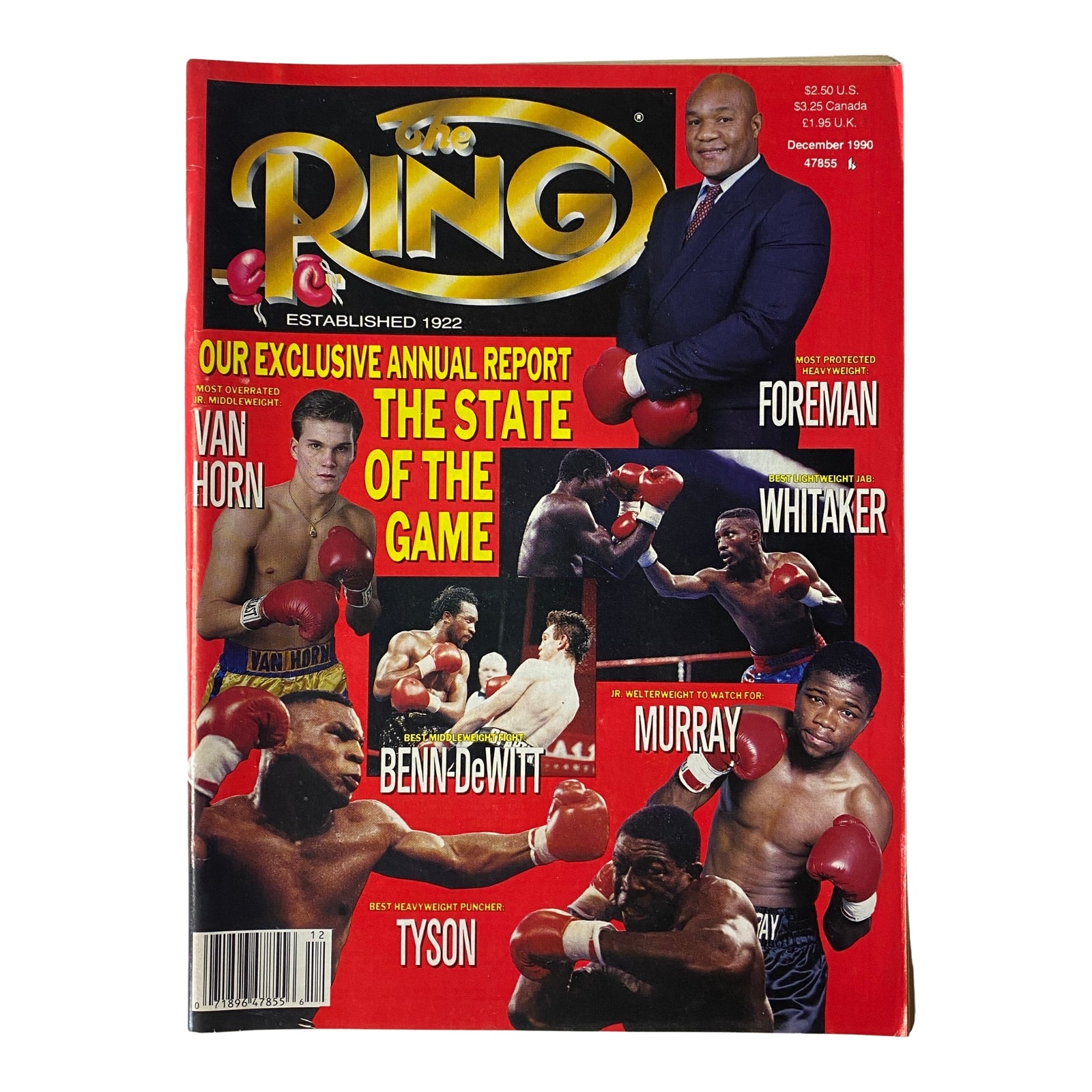 The Ring Magazine December 1990 featuring George Foreman and Mike Tyson on the cover, showcasing an exclusive report on the state of boxing. In very good condition, without a mailing label.