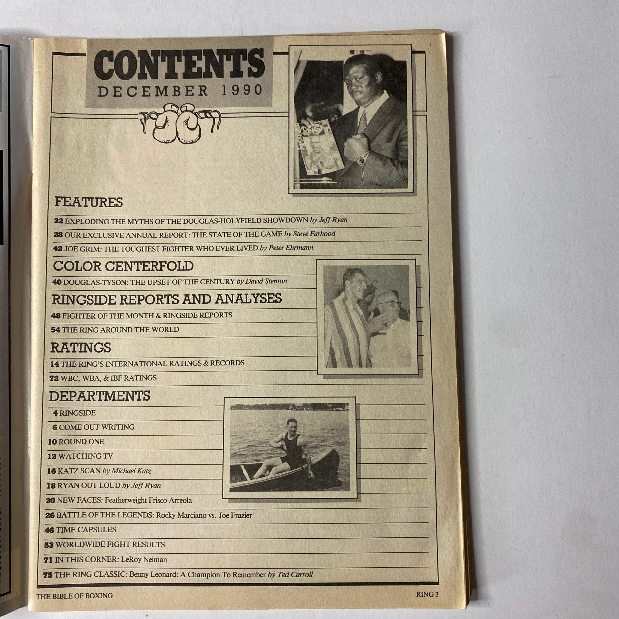 Contents page of The Ring Magazine December 1990, outlining features and articles, including the analysis of the Douglas-Holyfield showdown and various boxing reports.