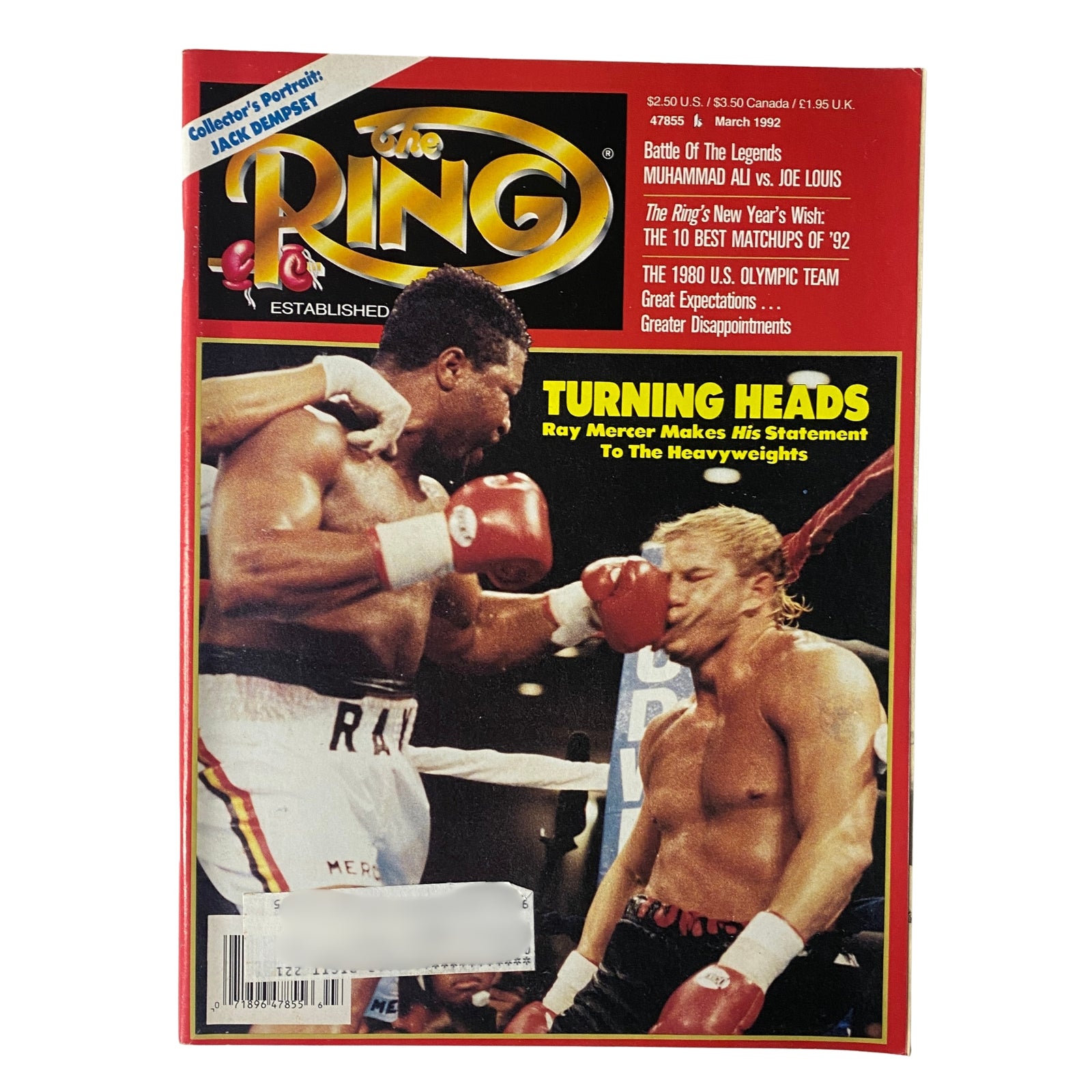 The Ring Magazine March 1992 featuring Ray Mercer on the cover, highlighting his declaration as a serious heavyweight contender and key boxing matchups of the year.