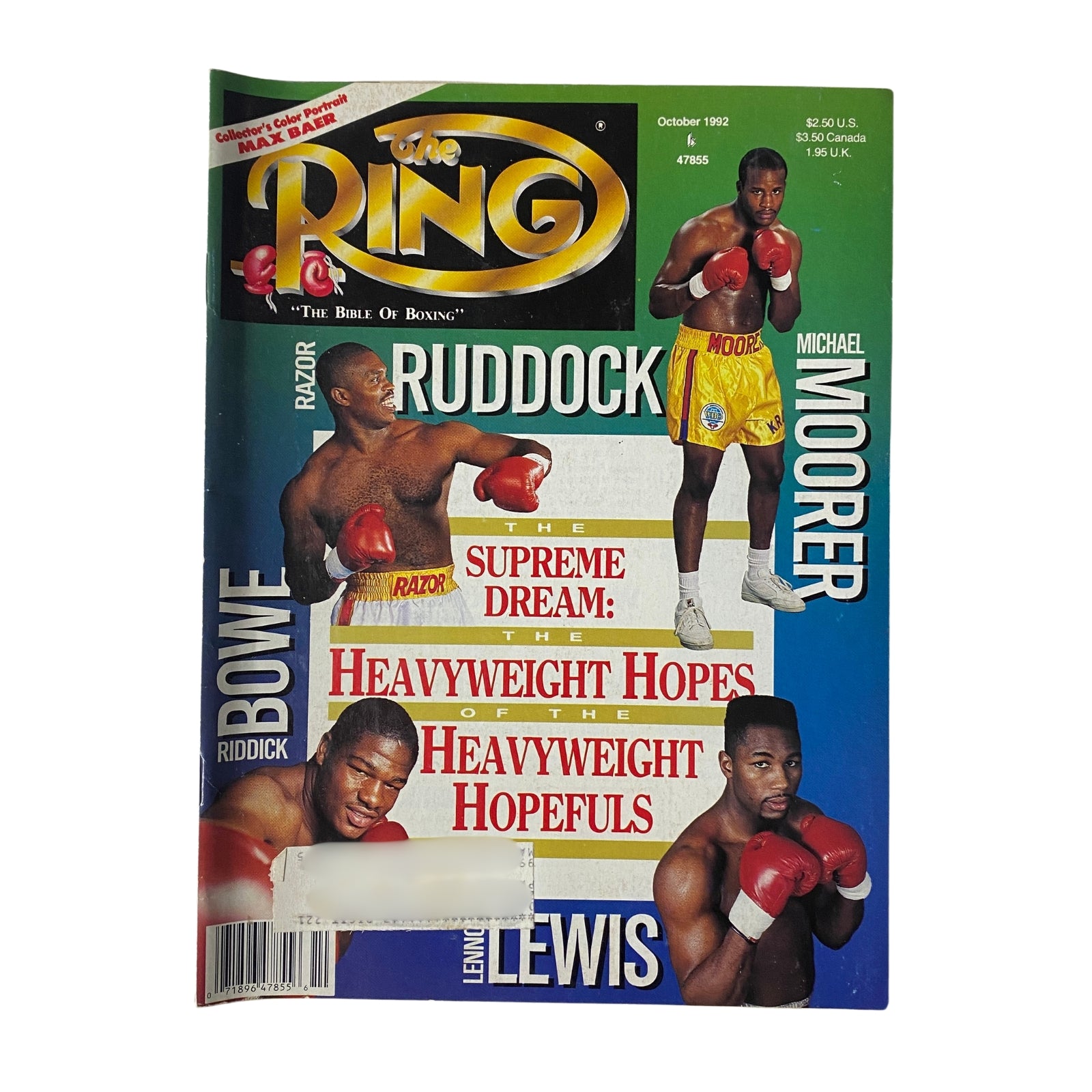 The Ring Magazine October 1992 featuring Razor Ruddock and Michael Moorer on the cover, highlighting heavyweight boxing with headlines on the supreme dreams of heavyweight hopefuls.