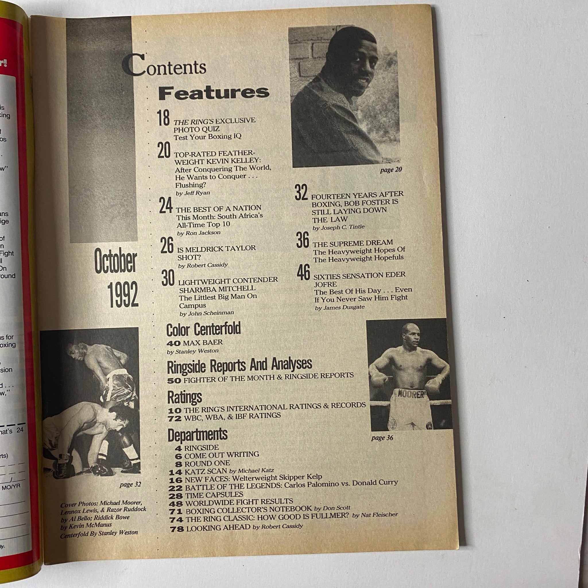 Contents page of The Ring Magazine October 1992, showcasing features including profiles of boxing legends and articles on notable fighters.