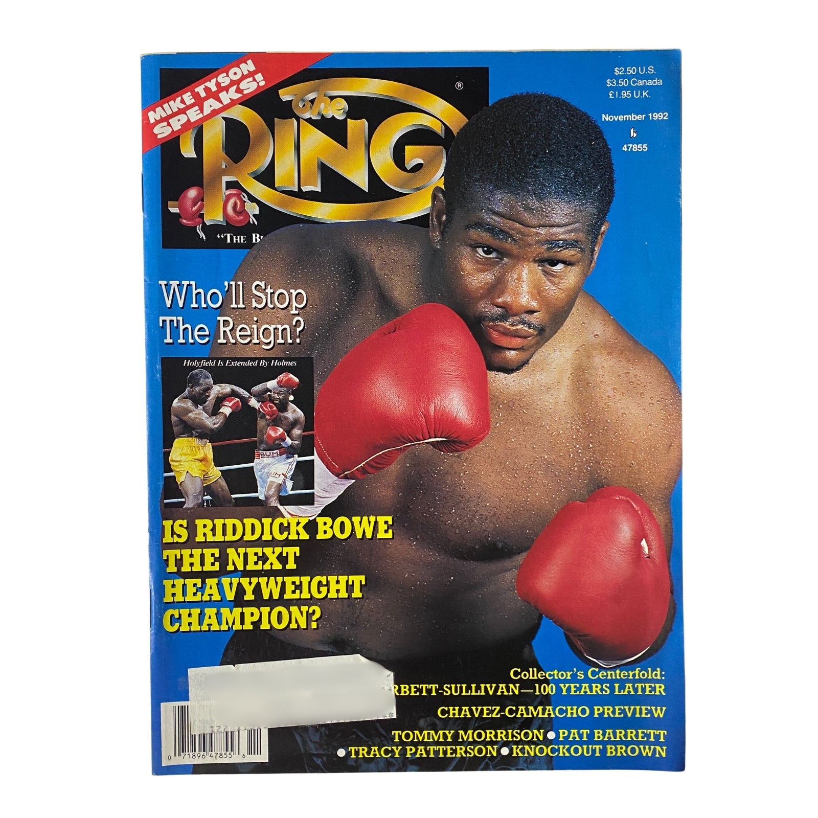 The Ring Magazine November 1992 cover featuring Riddick Bowe in boxing gloves, highlighting the question 'Who's Riddick Bowe? Will he be the next heavyweight champion?' alongside features on Mike Tyson's prison interview and a Chavez-Camacho preview. Good condition.