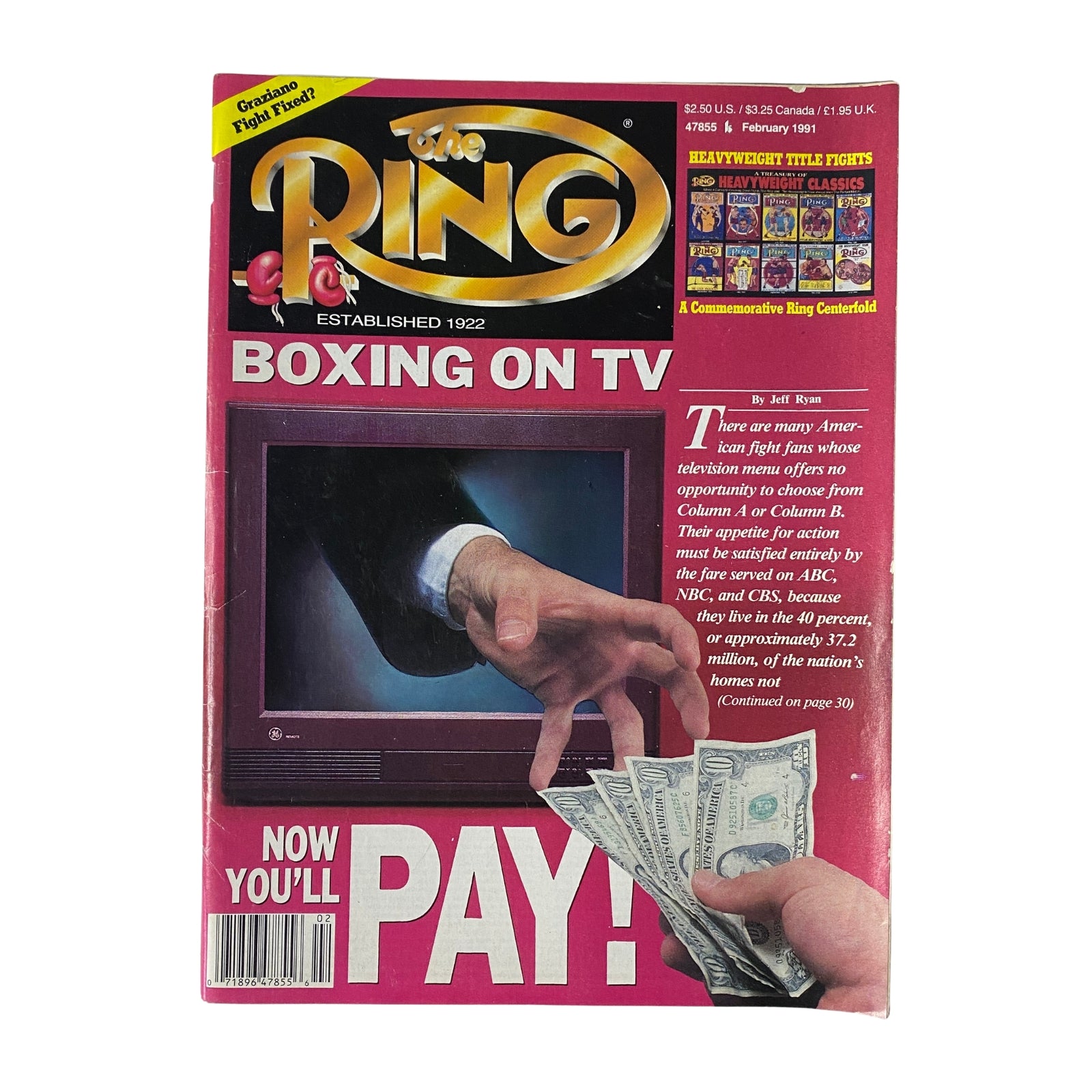 Cover of The Ring Magazine, February 1991, featuring the title 'Boxing on TV' by Jeff Ryan, highlighting the rise of pay-per-view in boxing.