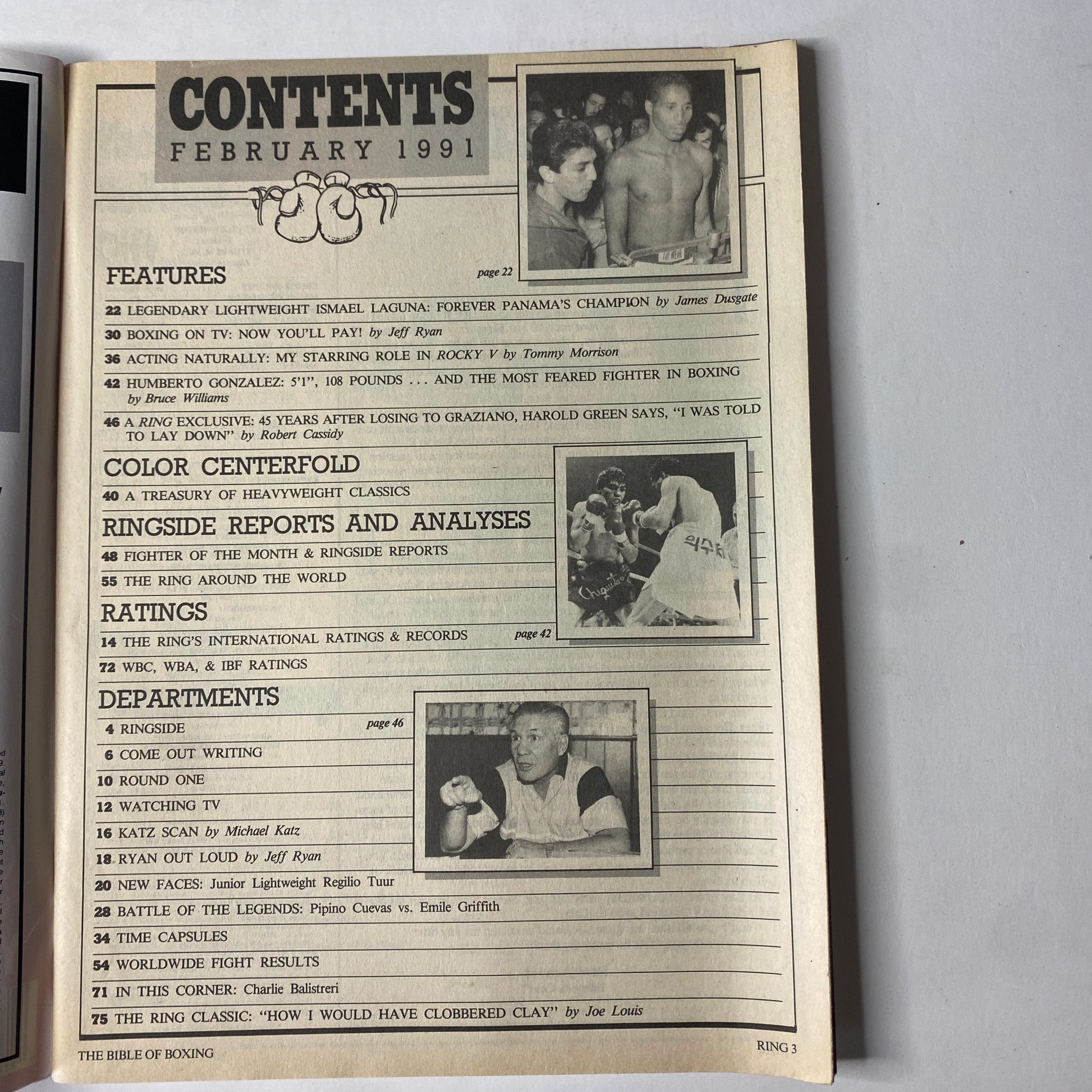 Contents page of The Ring Magazine, February 1991, outlining featured articles including profiles on Ismael Laguna and Tommy Morrison.