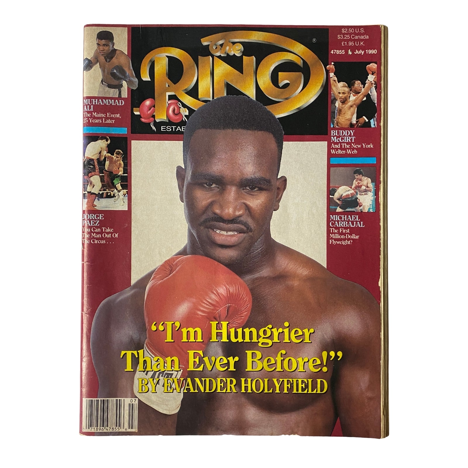 The Ring Magazine July 1990 featuring Evander Holyfield on the cover with the caption "I'm Hungrier Than Ever Before!" showcasing the popular boxing magazine in good condition.