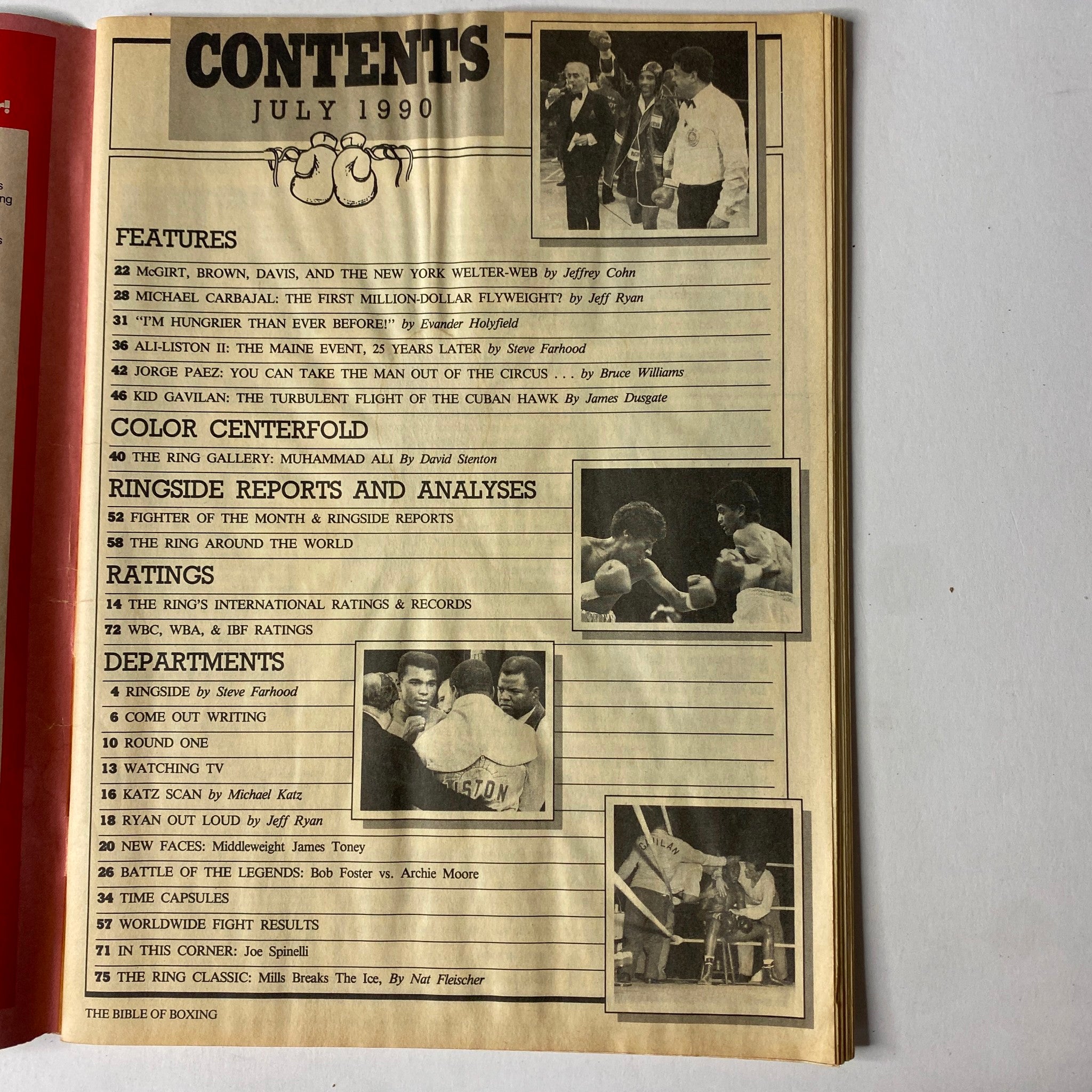 The Ring Magazine July 1990 Evander Holyfield Cover No Label, featuring the contents page of the magazine with articles on boxing highlights and notable fighters including Evander Holyfield, Michael Carbajal, and Muhammad Ali.