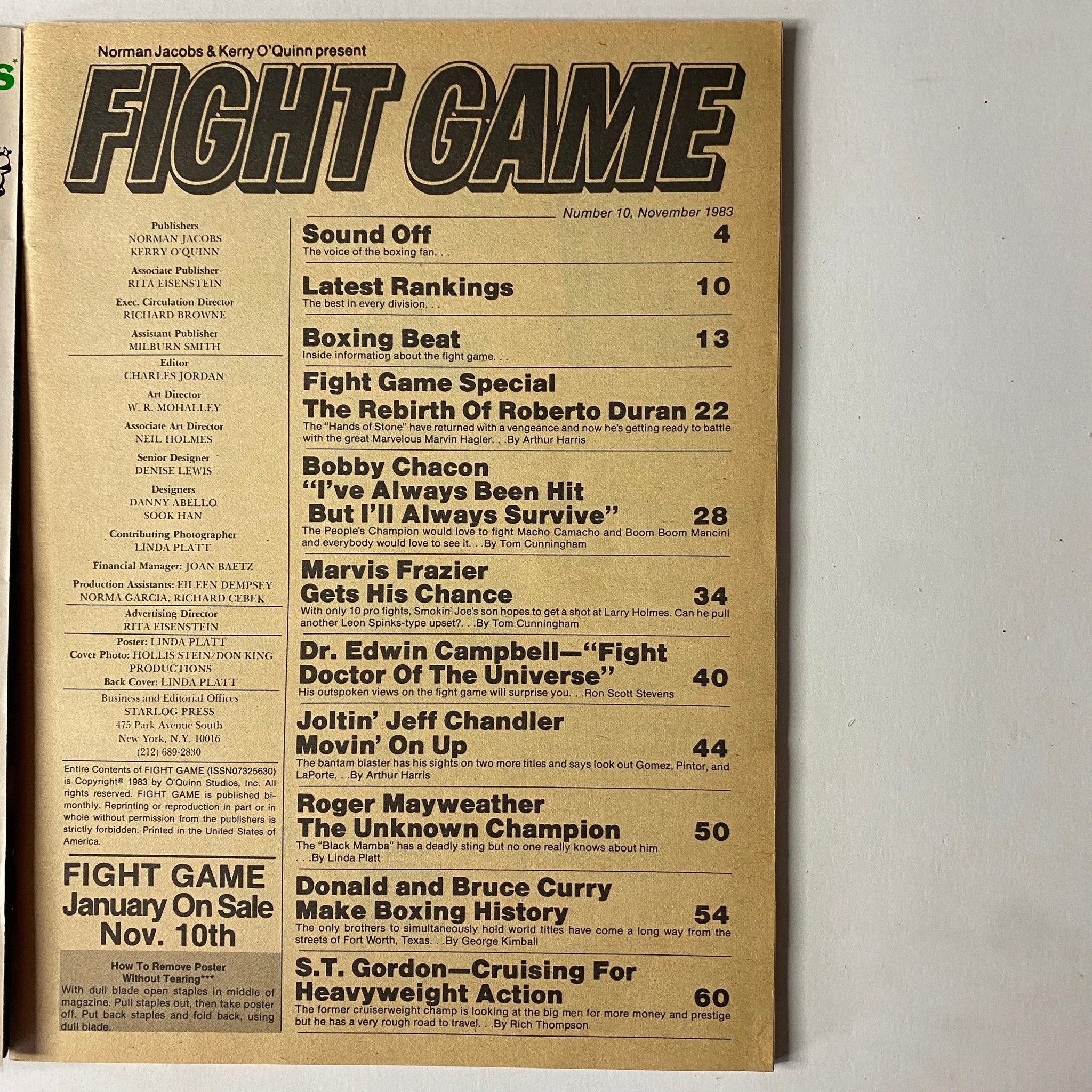 Fight Game Magazine November 1983 No. 10 Roberto Duran Cover No Label VG