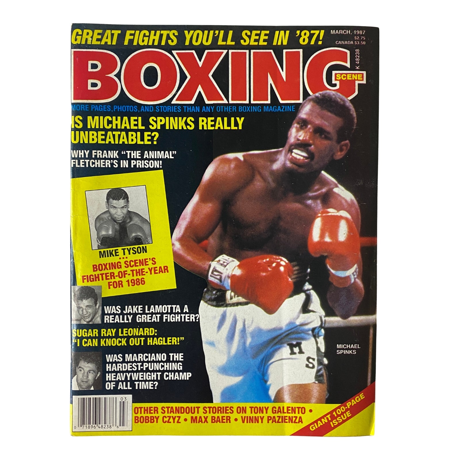 Cover of Boxing Scene Magazine, March 1987 featuring Michael Spinks and Mike Tyson. The title reads 'Is Michael Spinks Really Unbeatable?' with highlights of boxing articles inside.