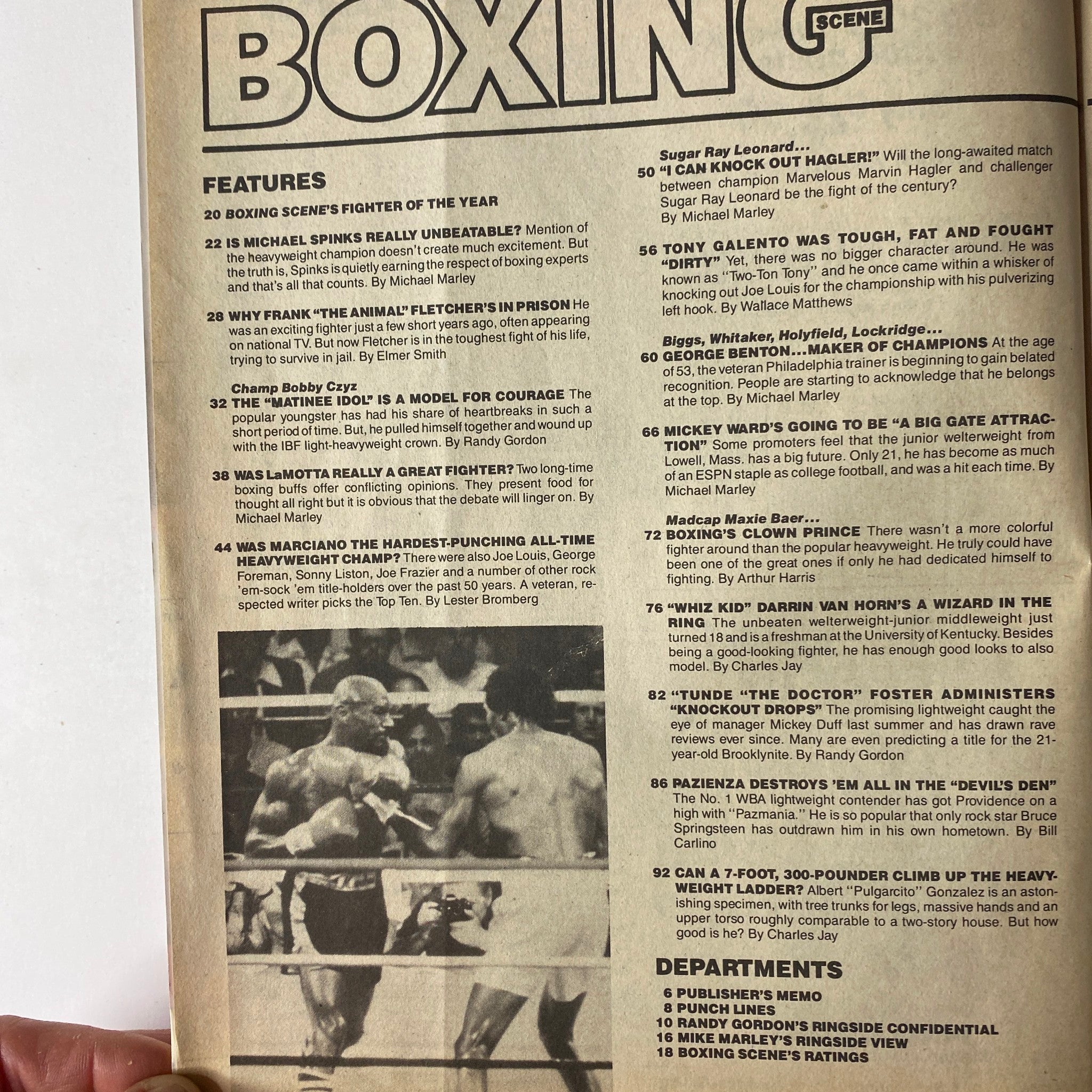 Interior page of Boxing Scene Magazine, March 1987 showcasing features on boxing, including 'Sugar Ray Leonard: “I Can Knock Out Hagler!”' and rankings of hard-hitting boxers.
