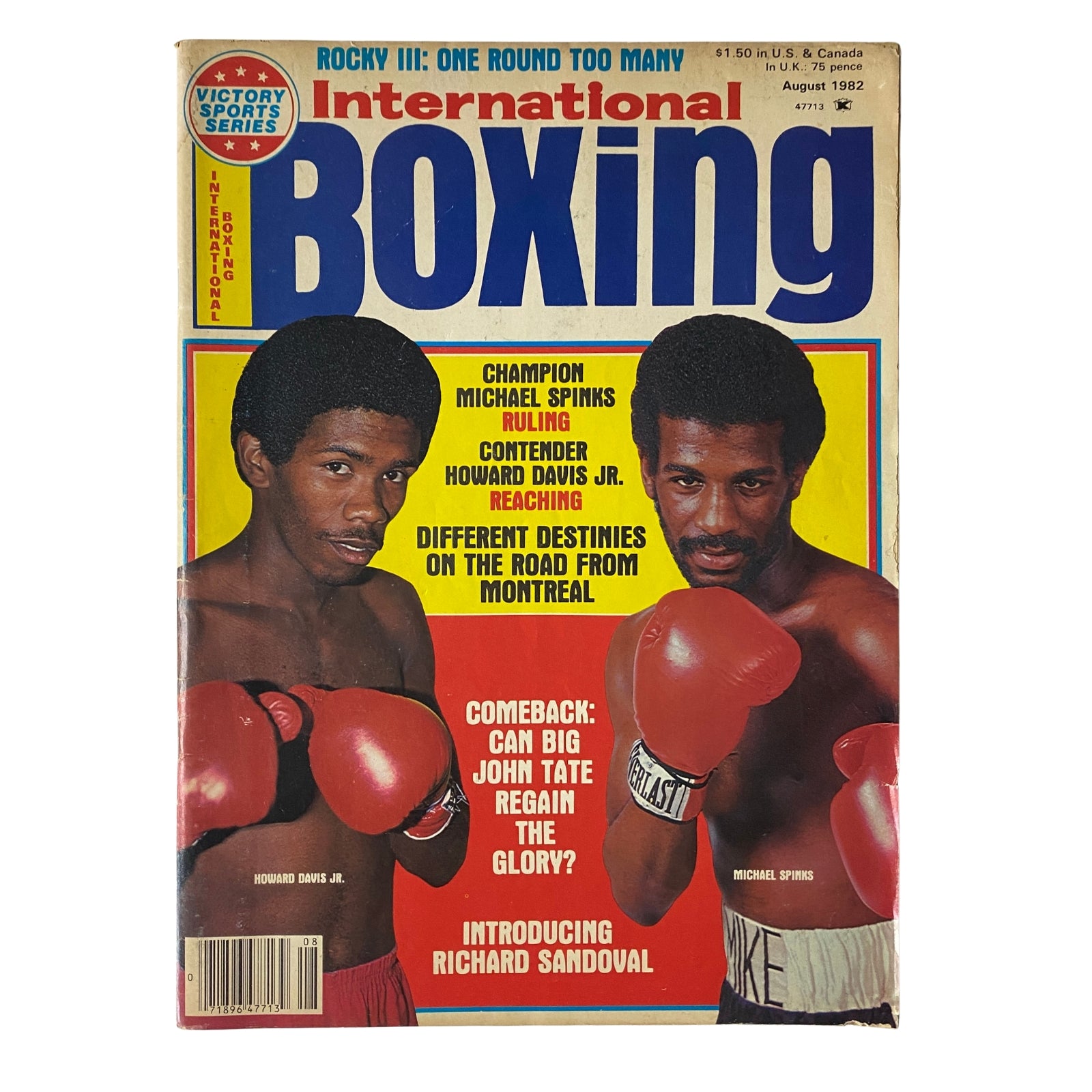 Cover of International Boxing Magazine August 1982 featuring Michael Spinks and Howard Davis Jr. in boxing gloves, highlighting their contrasting boxing careers. The cover includes feature articles on their Olympic journeys and professional paths.
