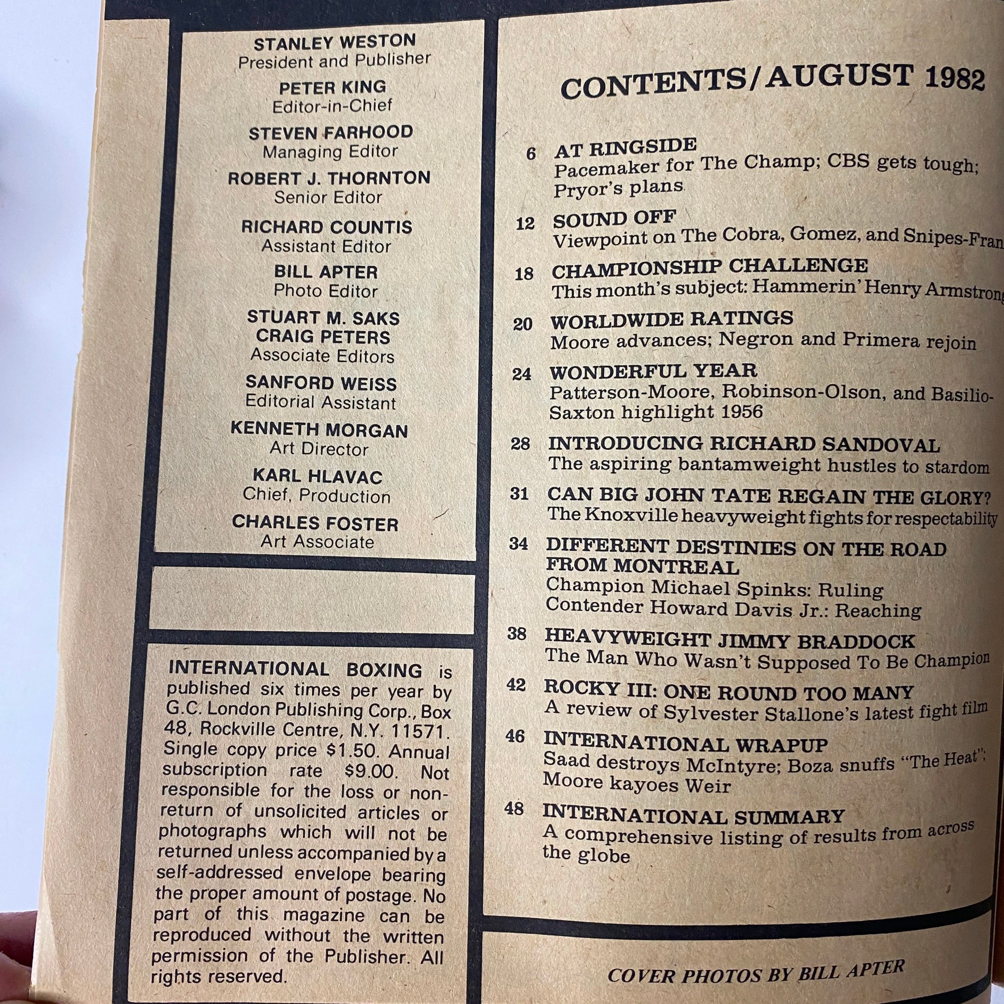 Contents page of International Boxing Magazine August 1982, detailing articles including updates on boxers and retrospectives, with a focus on the ring events and profiles of fighters.