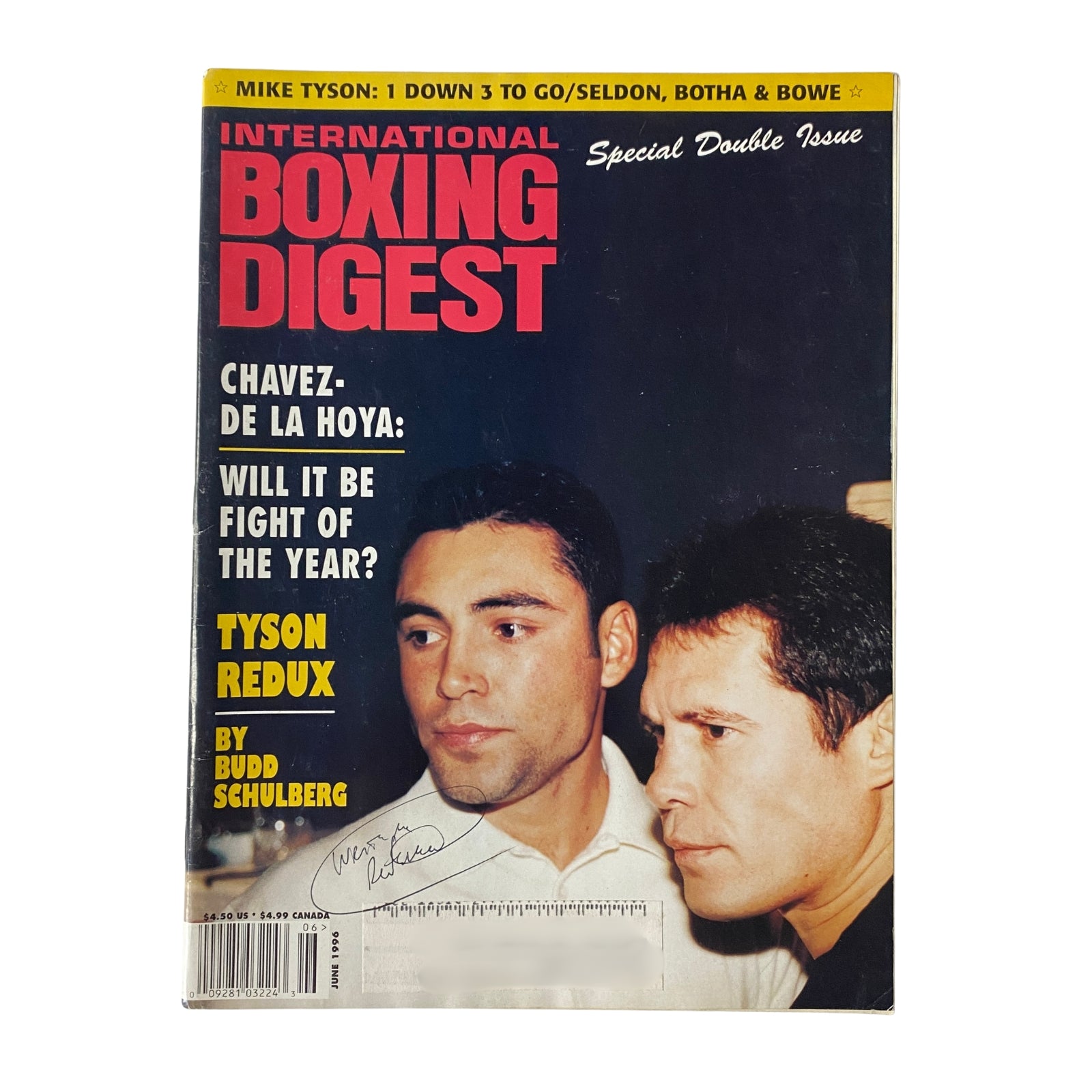 International Boxing Digest Magazine June 1996 featuring Julio Cesar Chavez and Oscar De La Hoya on the cover. Highlights Tyson Redux article by Budd Schulberg, exploring the iconic boxing event's impact and featuring pre-fight analysis.