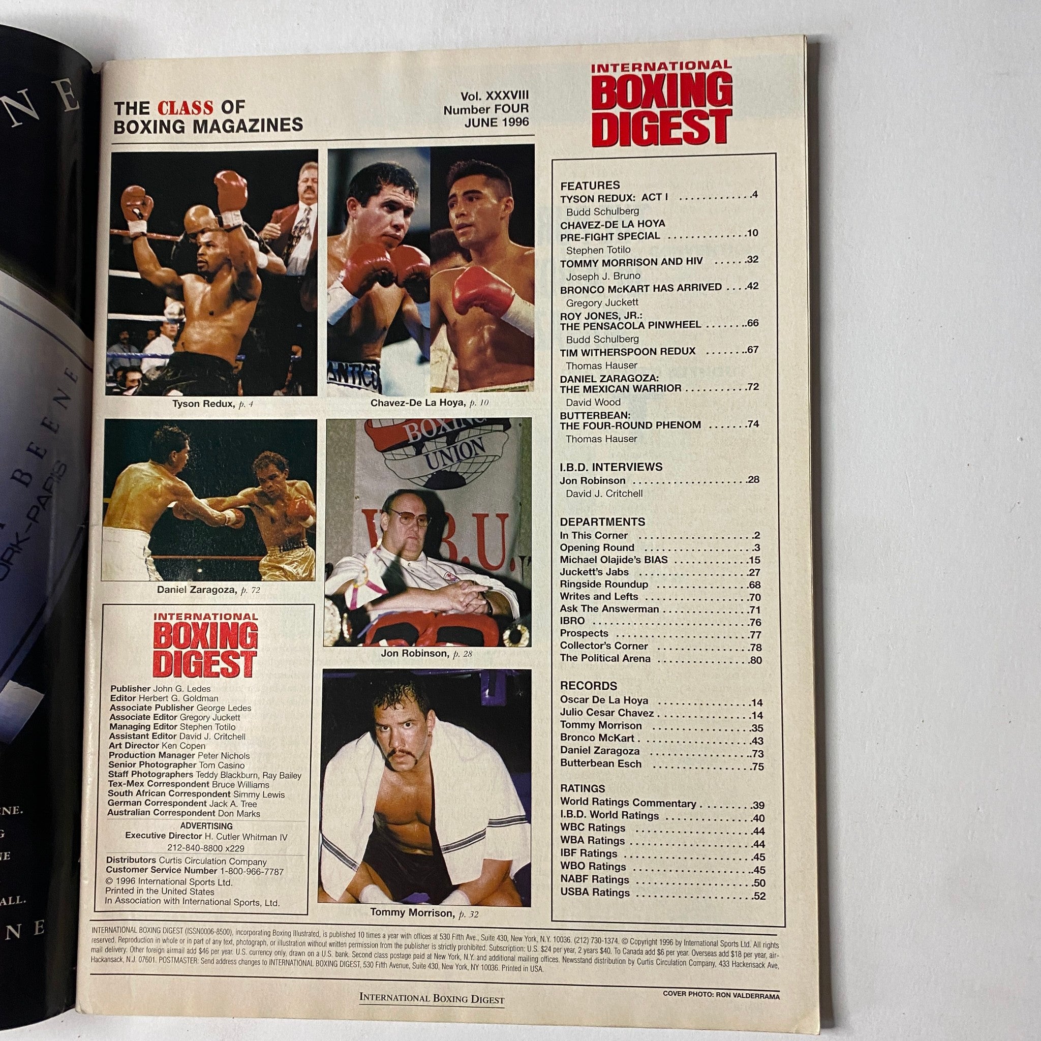 International Boxing Digest Magazine June 1996 featuring highlights of Julio César Chávez, Oscar De La Hoya, and prominent boxing personalities such as Tyson, Zaragoza, and Morrison, showcasing key events and articles relevant to boxing fans.