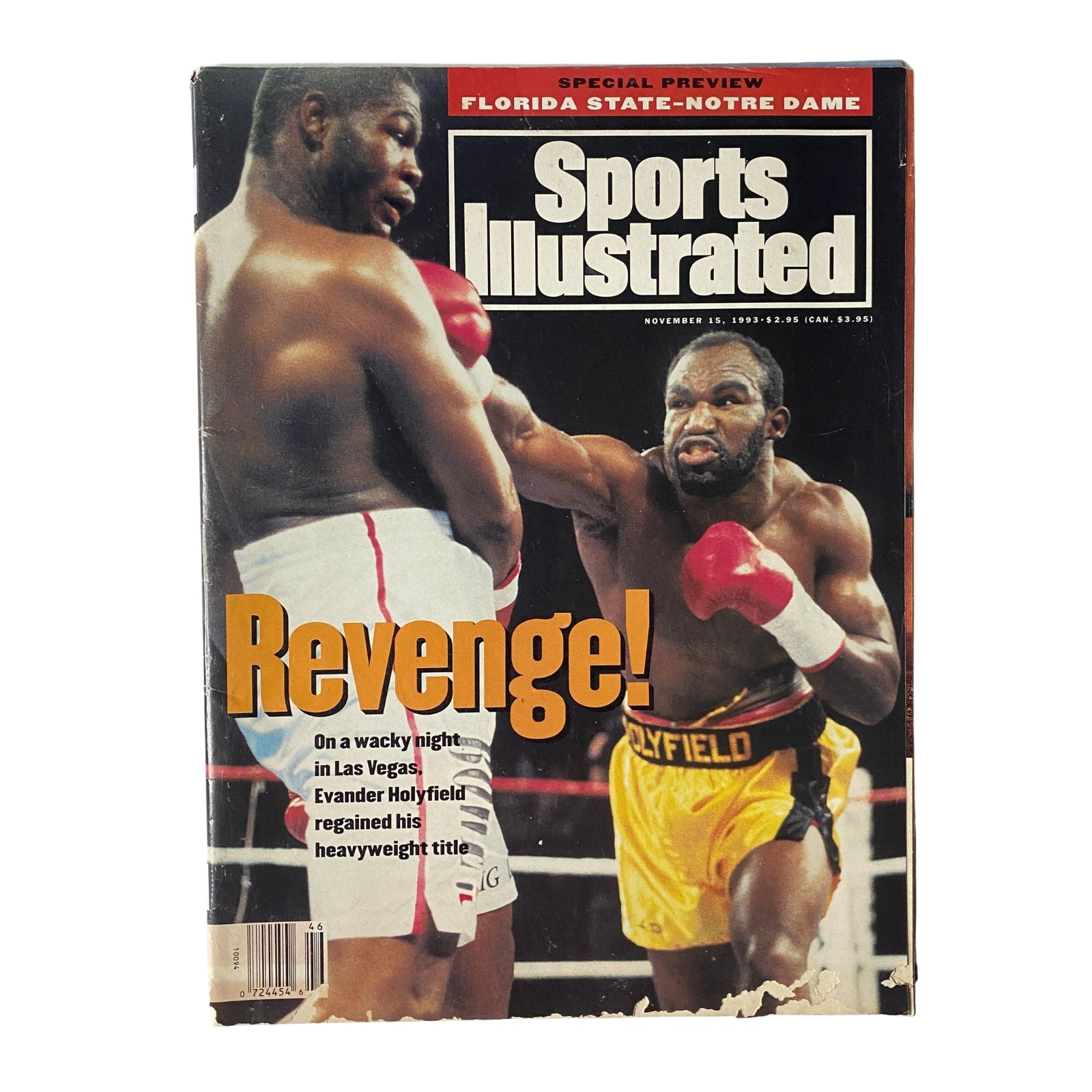 Sports Illustrated Magazine, November 15, 1993 issue featuring Evander Holyfield on the cover, capturing the dramatic boxing rematch against Riddick Bowe with the headline 'Revenge!'.