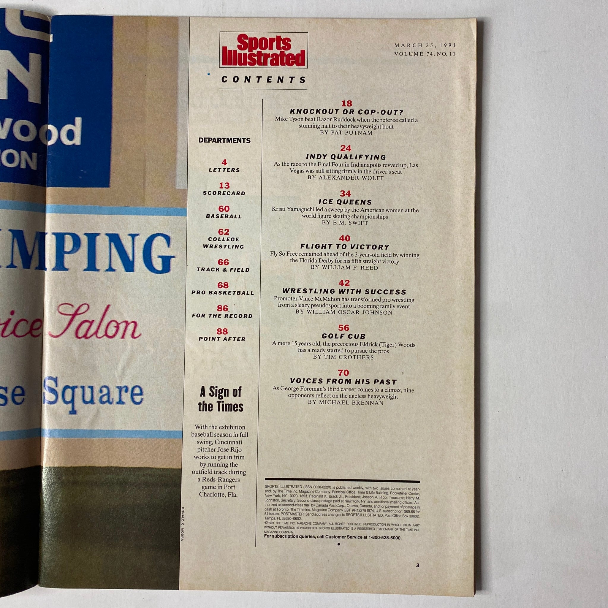 Content page of Sports Illustrated Magazine March 25, 1991 featuring articles including 'Knockout or Cop-Out?' and highlights on sports events.