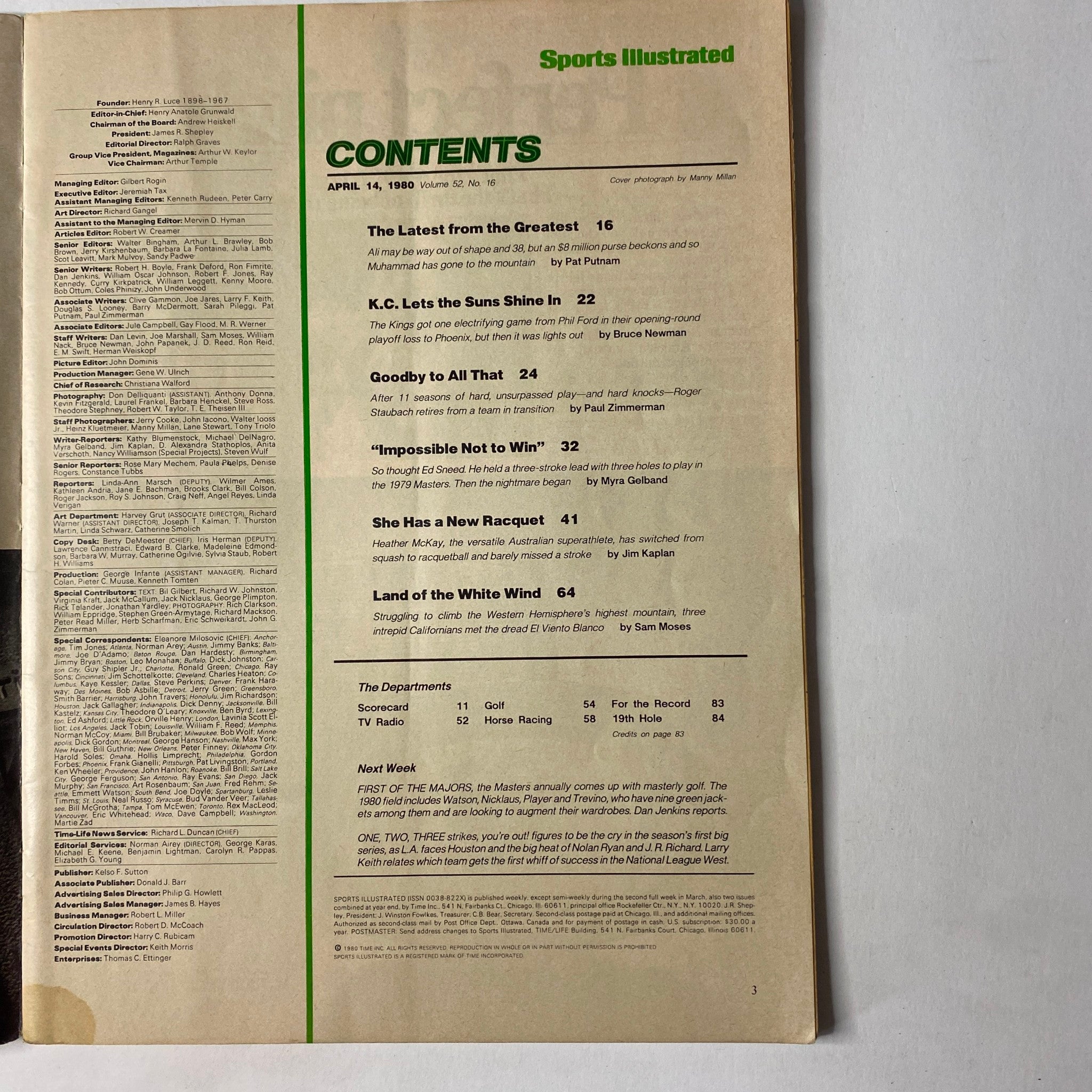 Back cover contents page of Sports Illustrated Magazine April 14, 1980 featuring articles, including 'The Latest from the Greatest,' 'K.C. Lets the Suns Shine In,' and 'Land of the White Wind.'