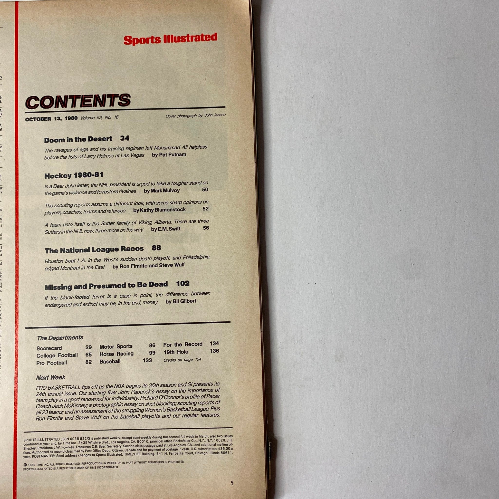 Contents page of Sports Illustrated Magazine, October 13, 1980, detailing features including 'Doom in the Desert' and the National League races.